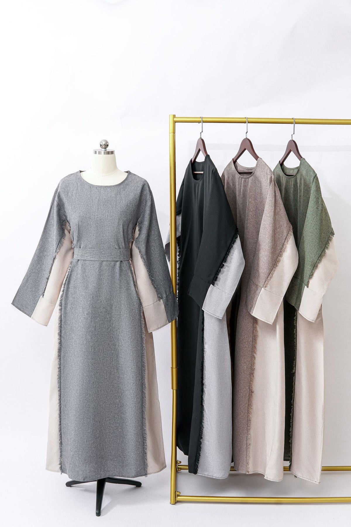 Two-Tone Linen Look Elegant Color Block Maxi Dress Abaya Modest Long Gown for Muslim Women Eid Ramadan Banquet M-XL