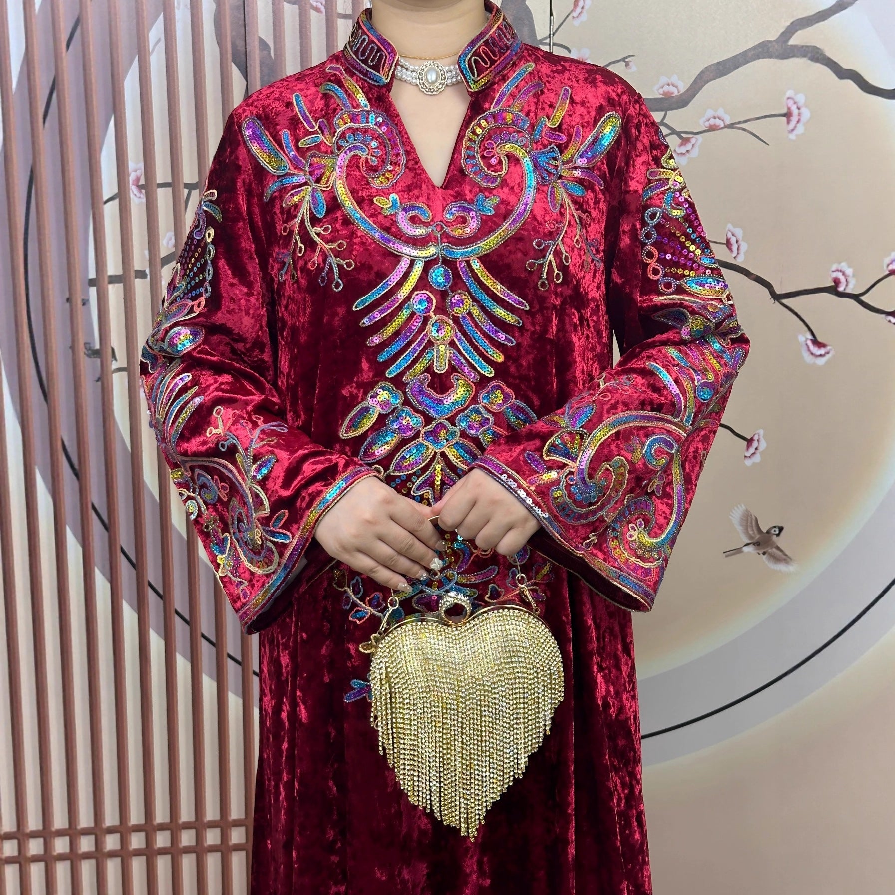 Burgundy Luxury Velvet Premium Oriental Craft Stand Collar V Notch Open Front Modest Maxi Tunic Thick Ice Velvet Plush Textile All Over Iridescent Rainbow Sequin Phoenix Bird Floral Heavy Embroidery Mandarin High Collar Full Front Colorful Shiny Rhin