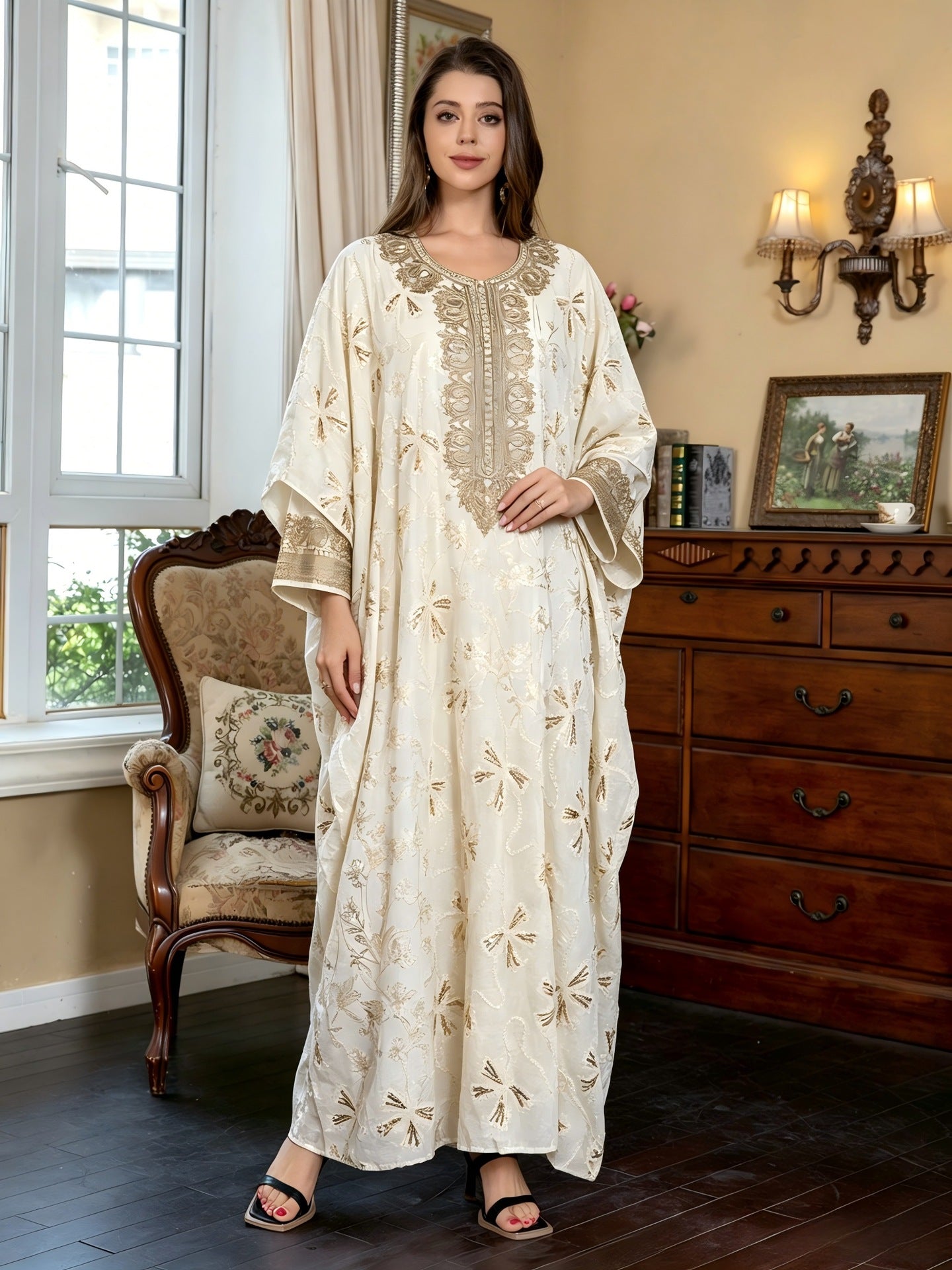 Off White Embroidered Two-Piece Cardigan Vest Set Evening Gown Jalabiya Modest Long Maxi Dress for Muslim Women Eid Ramadan