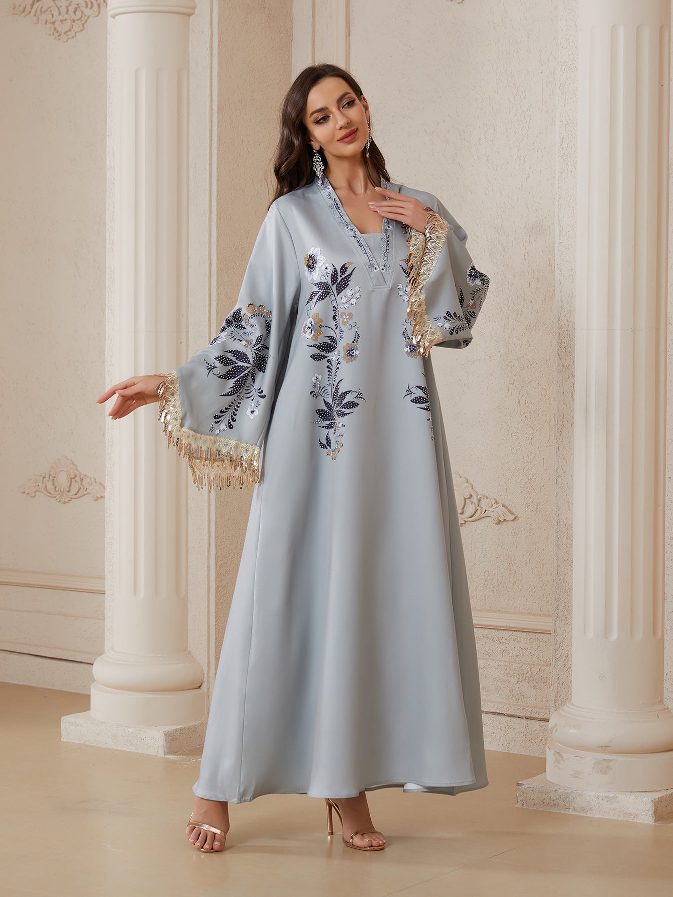 Serene Silver Printed Abaya – Casual Loose Modest Maxi Dress