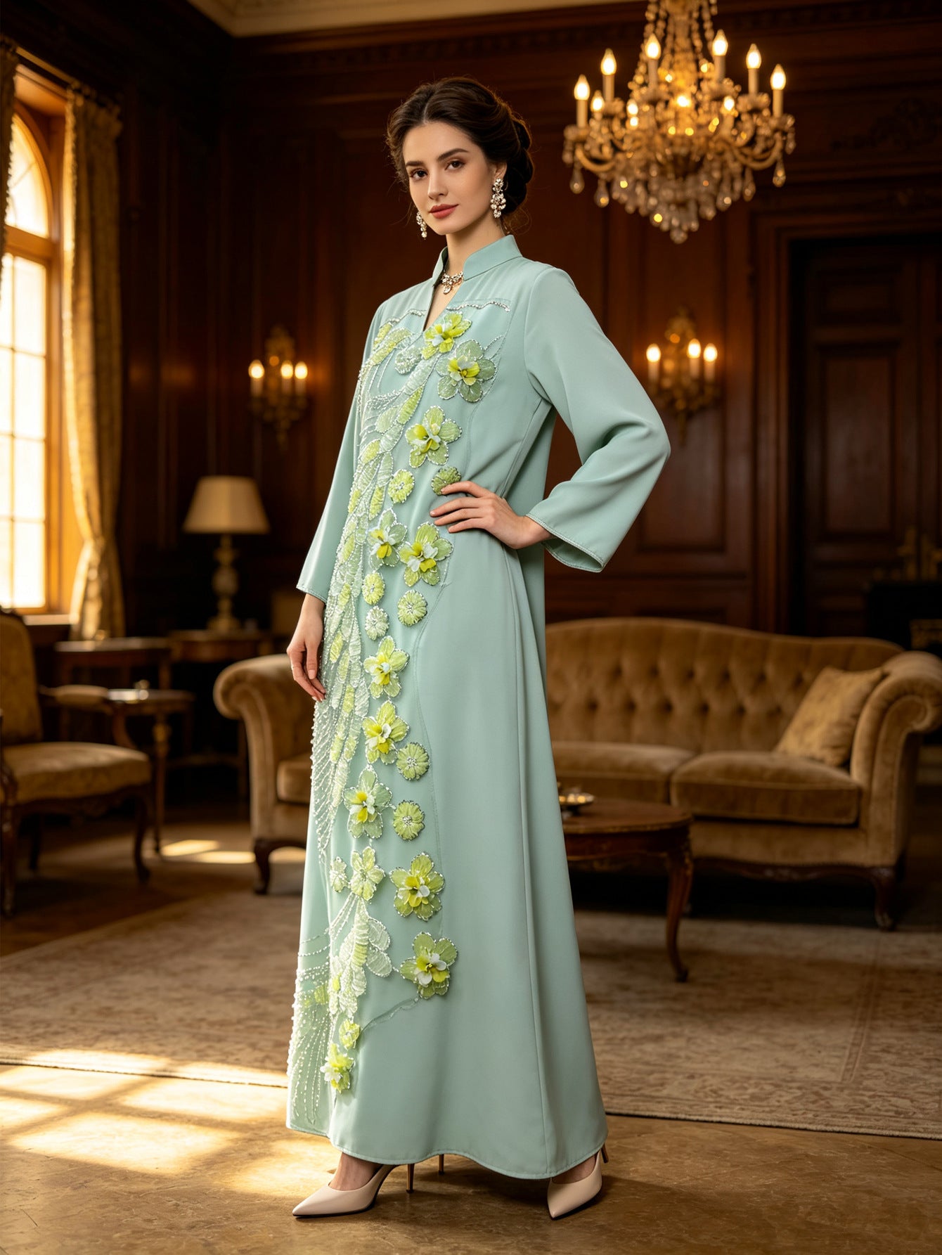 Mint Green Stand Collar Beaded Floral Applique Maxi Abaya Dress Jalabiya Modest Long Dress for Muslim Women Ramadan Prayer Casual Wear S-XXL