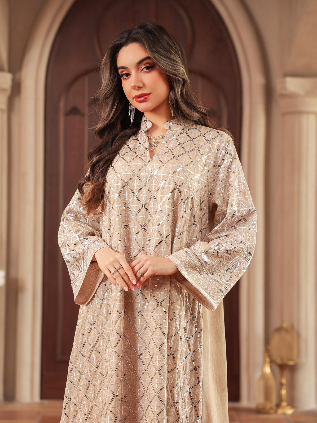 3 Colors Sequin Diamond Embroidery Abaya Women Stand Collar V Notch Flare Sleeve Maxi Kaftan Luxury Modest Long Dress For Eid Ramadan Wedding Party