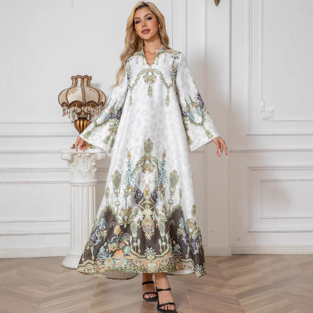 White Printed Beaded Maxi Dress - Modest Muslim Gown for Women