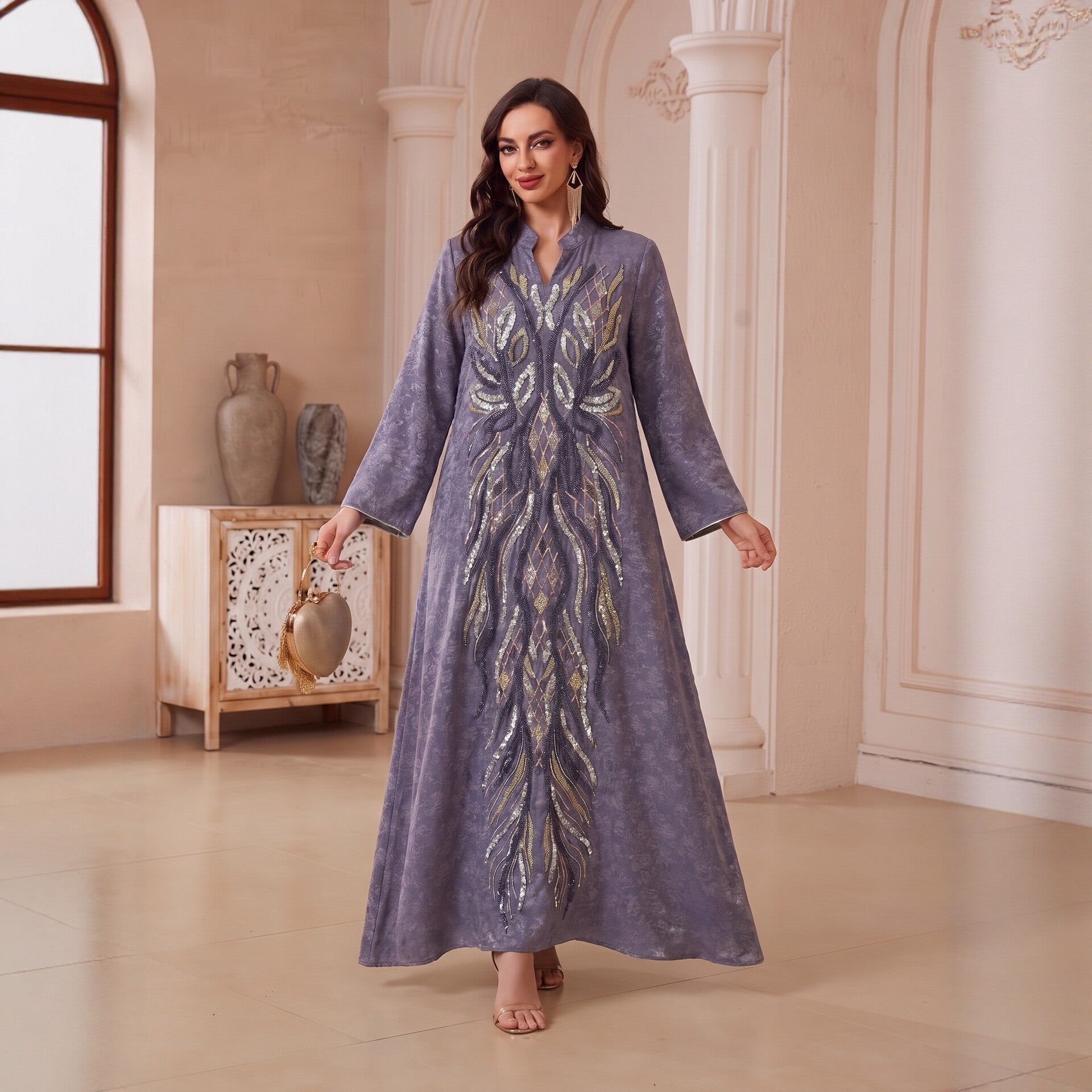 Multi-Color V-Neck Beaded Embroidered Jacquard Maxi Abaya Dress