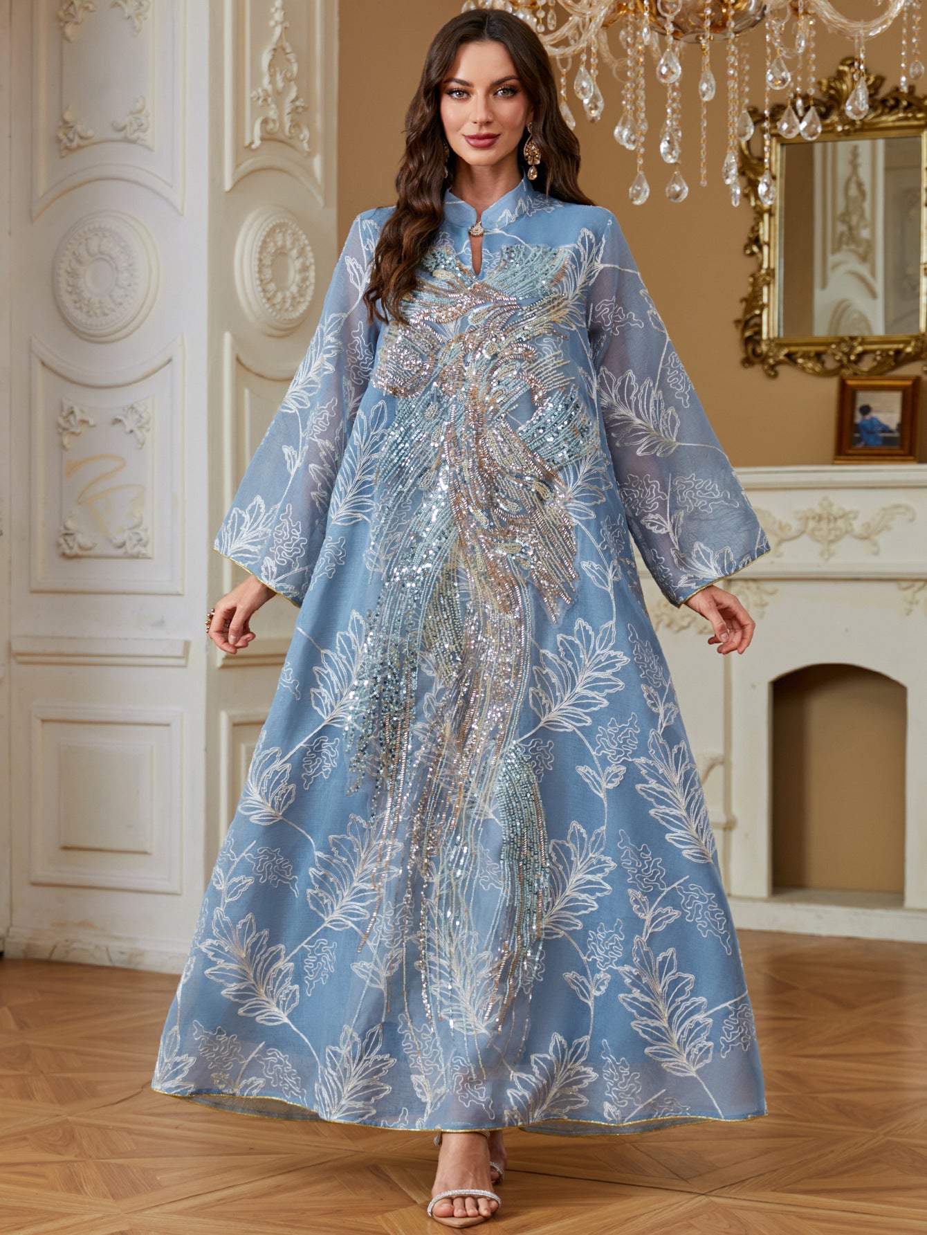 Elegant Oversized Wide Flare Sleeve Muslim Long Robe For Ladies Handcrafted Phoenix Sequins Embroidery Light See-through Leaf Print Abaya Four Shades Formal Ceremony Gown