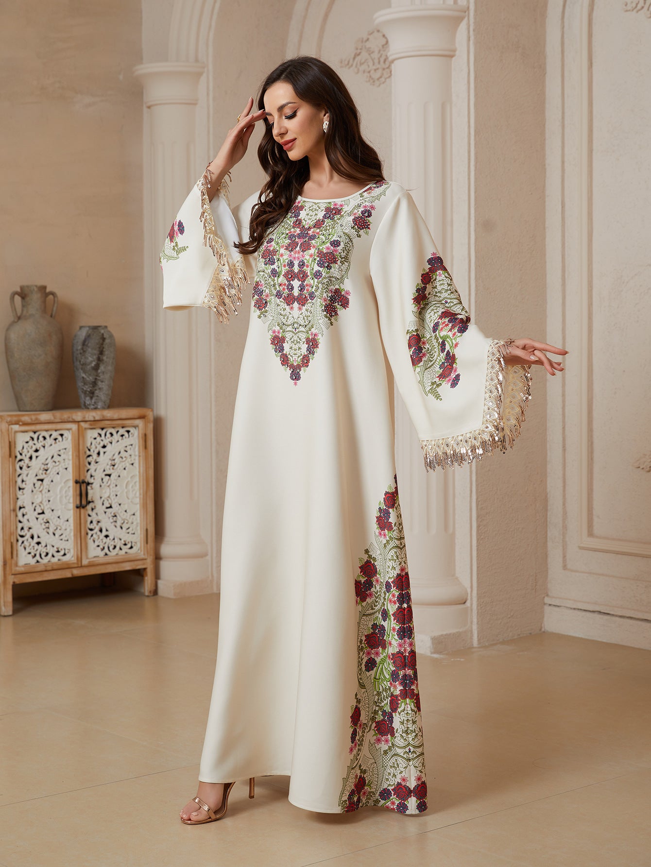 Round Neck Vintage Floral Print Jalabiya Women Gold Tassel Flare Sleeve Maxi Kaftan Loose Draped Modest Dress For Eid Mubarak Ramadan Casual Party Holiday Outfit