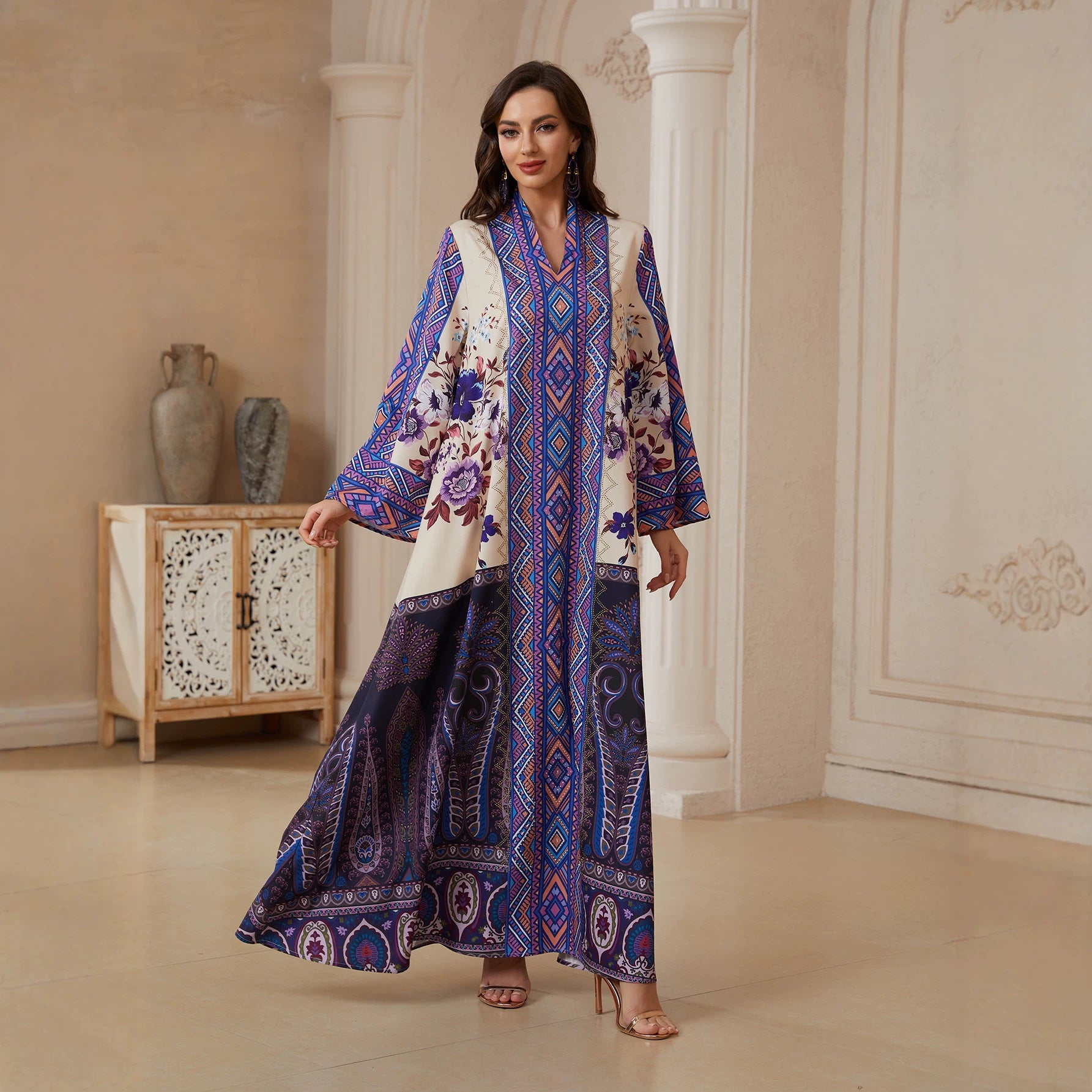 Purple Turkish Print Abaya - Plus Size Rhinestone Modest Robe