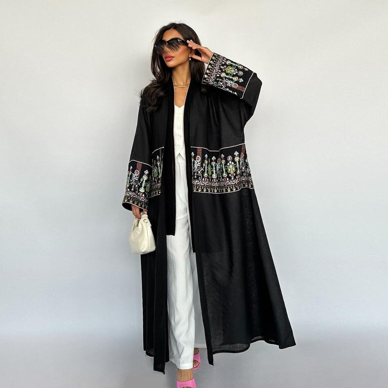 Black Embroidered Kimono Cardigan - Maxi Long Cardigan Dress for Women