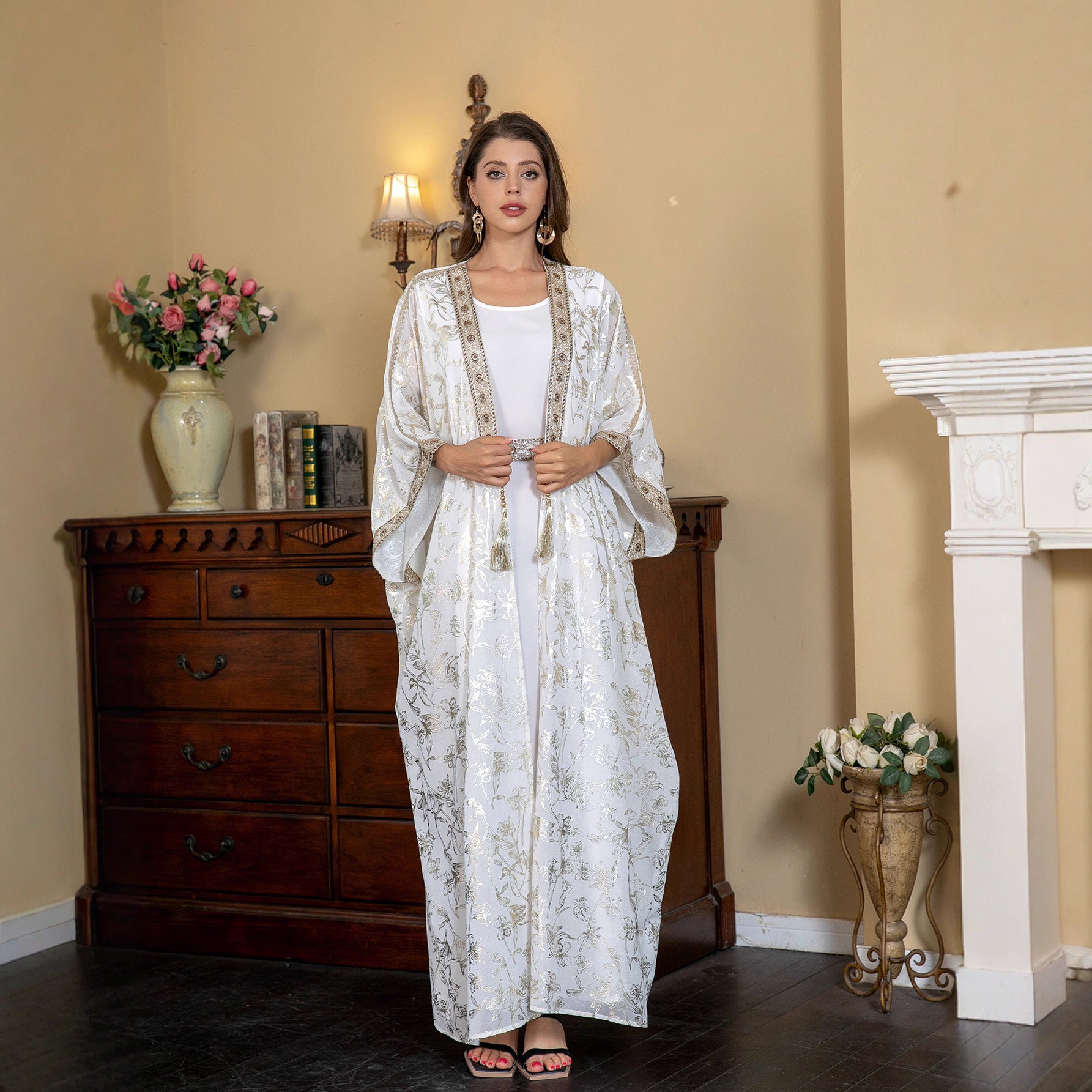 Ivory White Gold Foil Floral Premium Pan-Arab Craft Open Front Modest Two Piece Outfit Glossy Satin Jacquard Single Layer Outer Kaftan Solid White Slip Maxi Dress All Over Delicate Metallic Gold Silver Botanical Jacquard Print Wide Batwing Kimono Fla