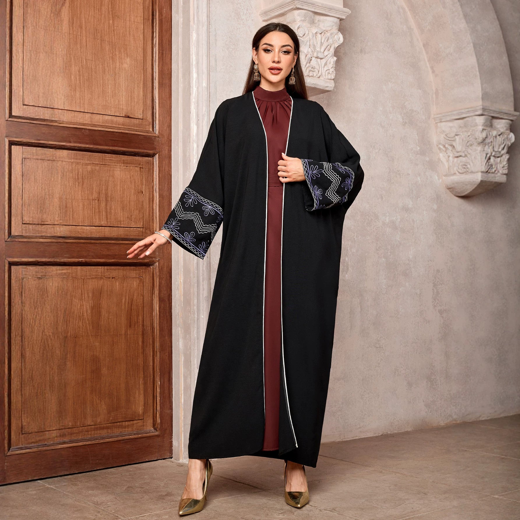Vintage Embroidered Long Robe Abaya Cardigan Modest Maxi Dress Jalabiya for Muslim Women Eid Ramadan Prayer Wear One Size