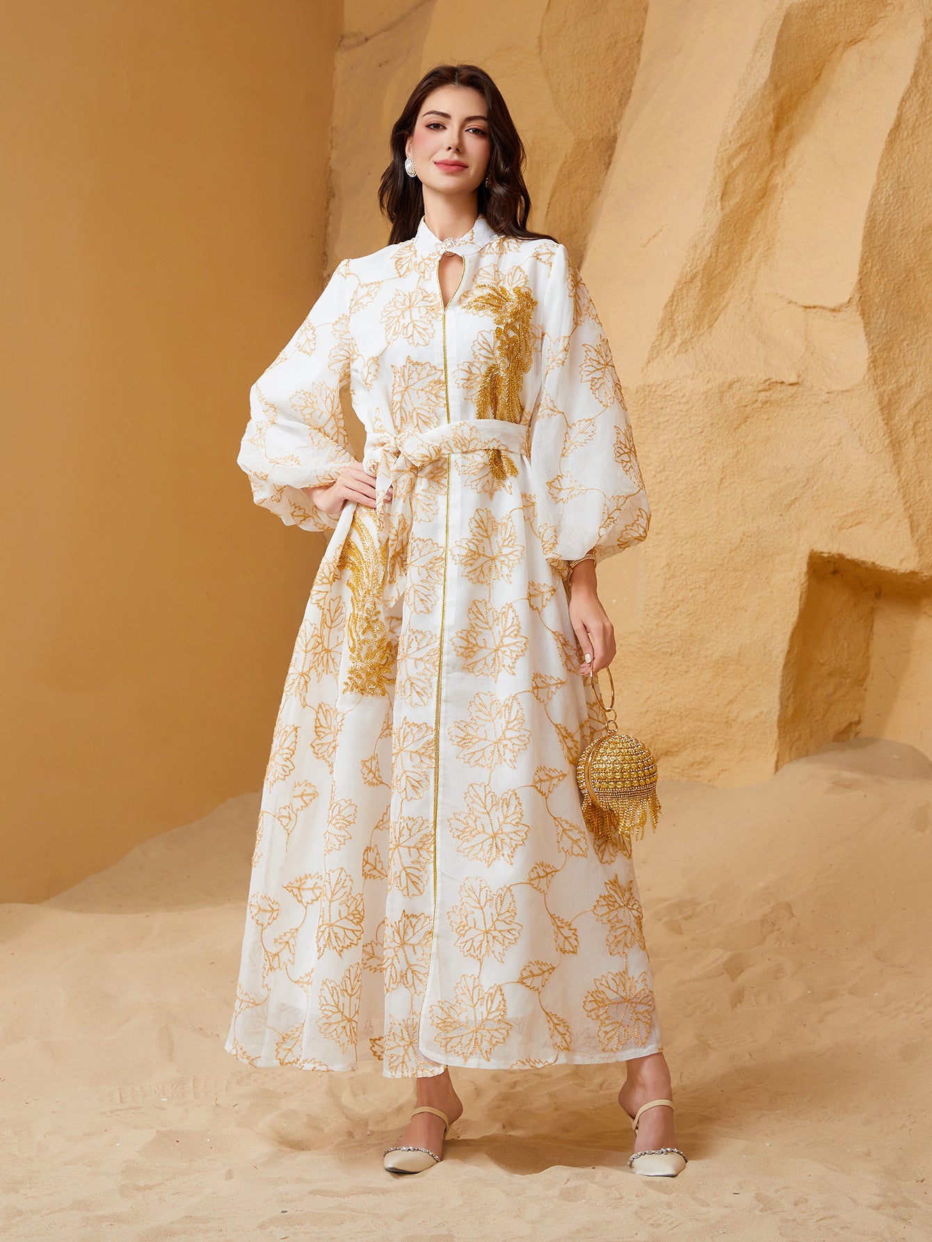 Viral Instagram UAE Dubai Stand Collar Abaya Off White All Over Golden Leaf Jacquard Print Hollow Placket Vertical Golden Tassel Sequins Embroidery Puff Bubble Long Sleeve Floor Length Plus Size GCC Women Modest Maxi Robe For Saudi Ramadan Tarawih OO