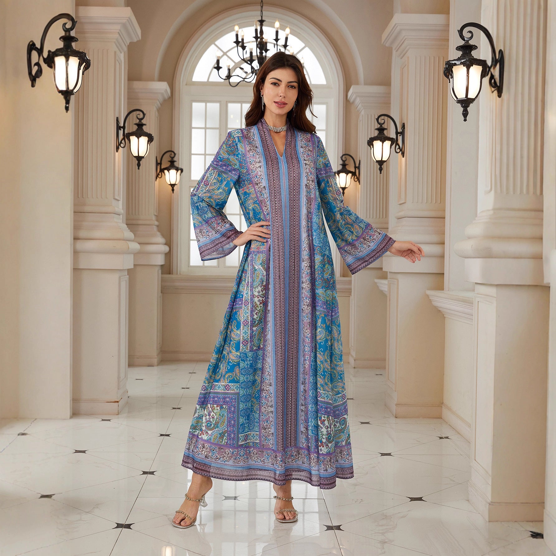 Blue Floral Print Plus Size Abaya - Modest Muslim Dress Ramadan Eid