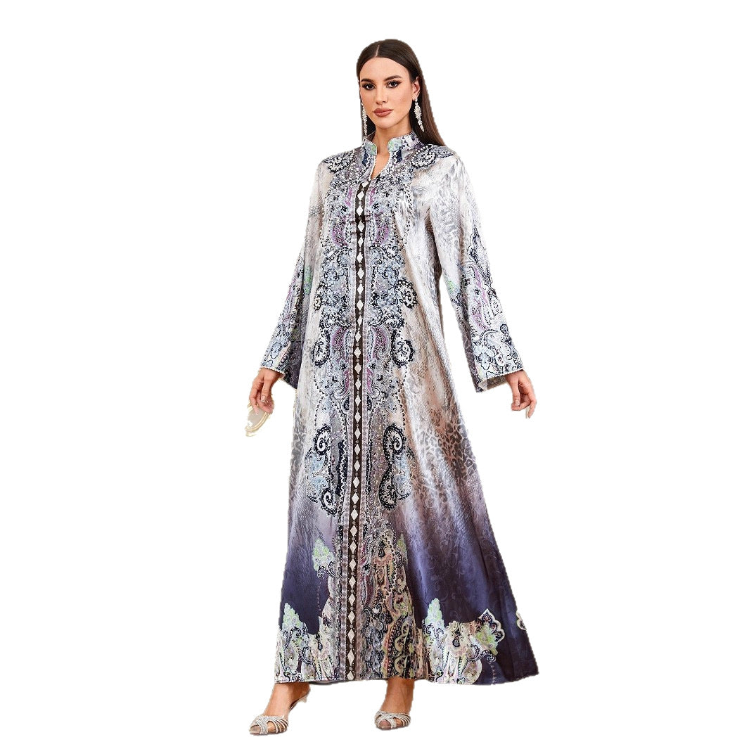 Rhinestone Beaded Floral Print Gown Jalabiya Modest Loose Long Maxi Evening Dress for Muslim Women Eid Ramadan S-XXL
