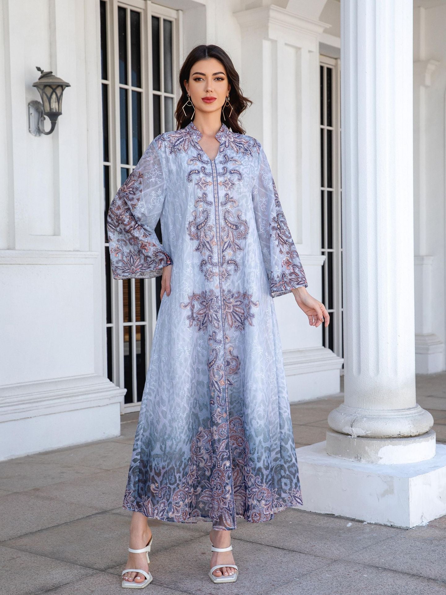 Boho Blue Rhinestone Embroidered Abaya – Modest Muslim Maxi Dress