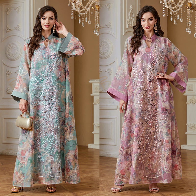 2026 Luxury Floral Print Abaya Women Hand Beaded Rhinestone Long Kaftan Stand Collar Flare Sleeve Loose Maxi Dress For Wedding Party