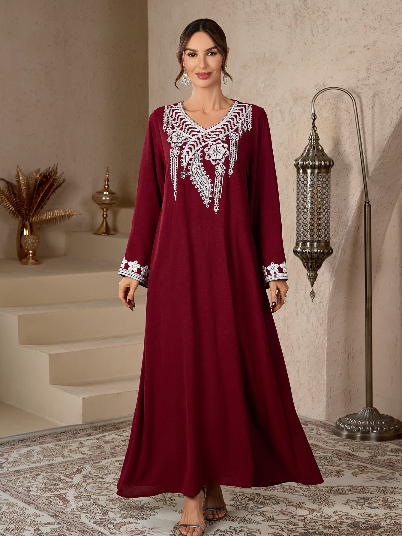 V-Neck Embroidered Kimono Abaya Maxi Dress Muslim Women Modest Long Jalabiya Kaftan Gown for Eid Ramadan Daily