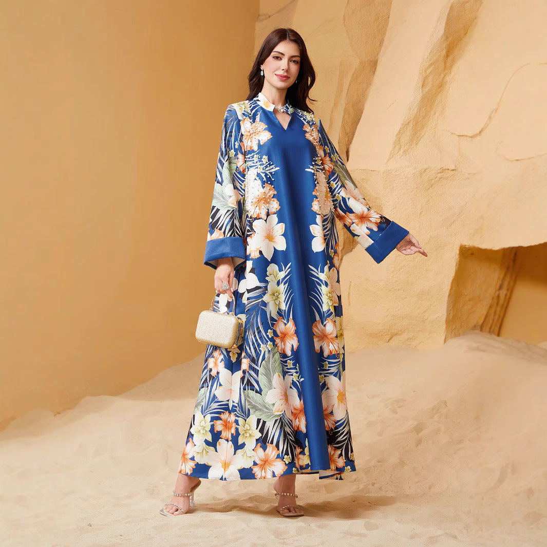 Blue Apricot Purple Printed Abaya - Plus Size European Long Robe
