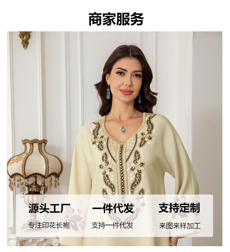 Apricot Floral Print Embroidered Rhinestone Maxi Abaya Dress