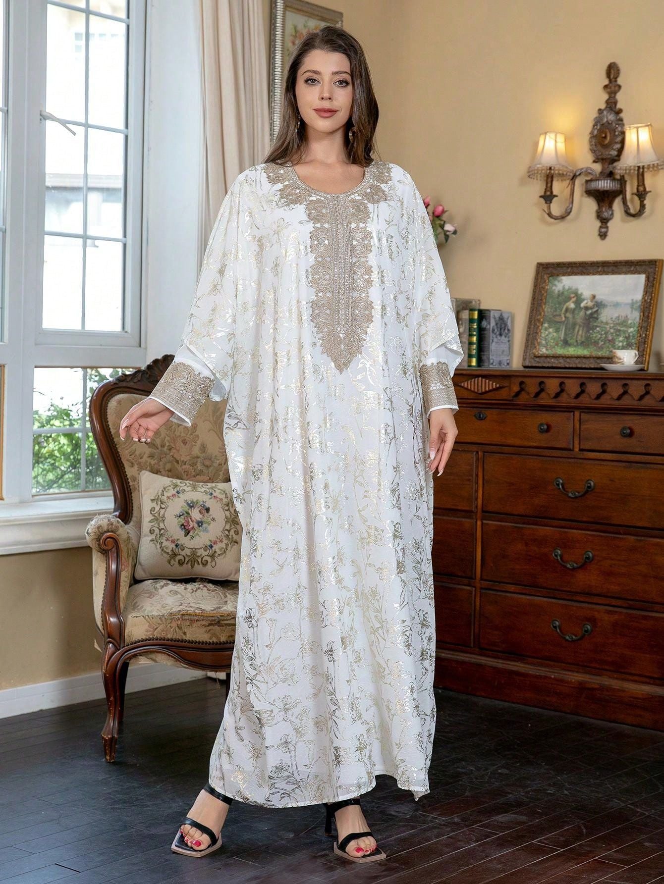Gulf Ramadan Eid Modest Kaftan Dusty Lavender Sheer Fabric Gold Hot Stamp Floral Belted Long Abaya