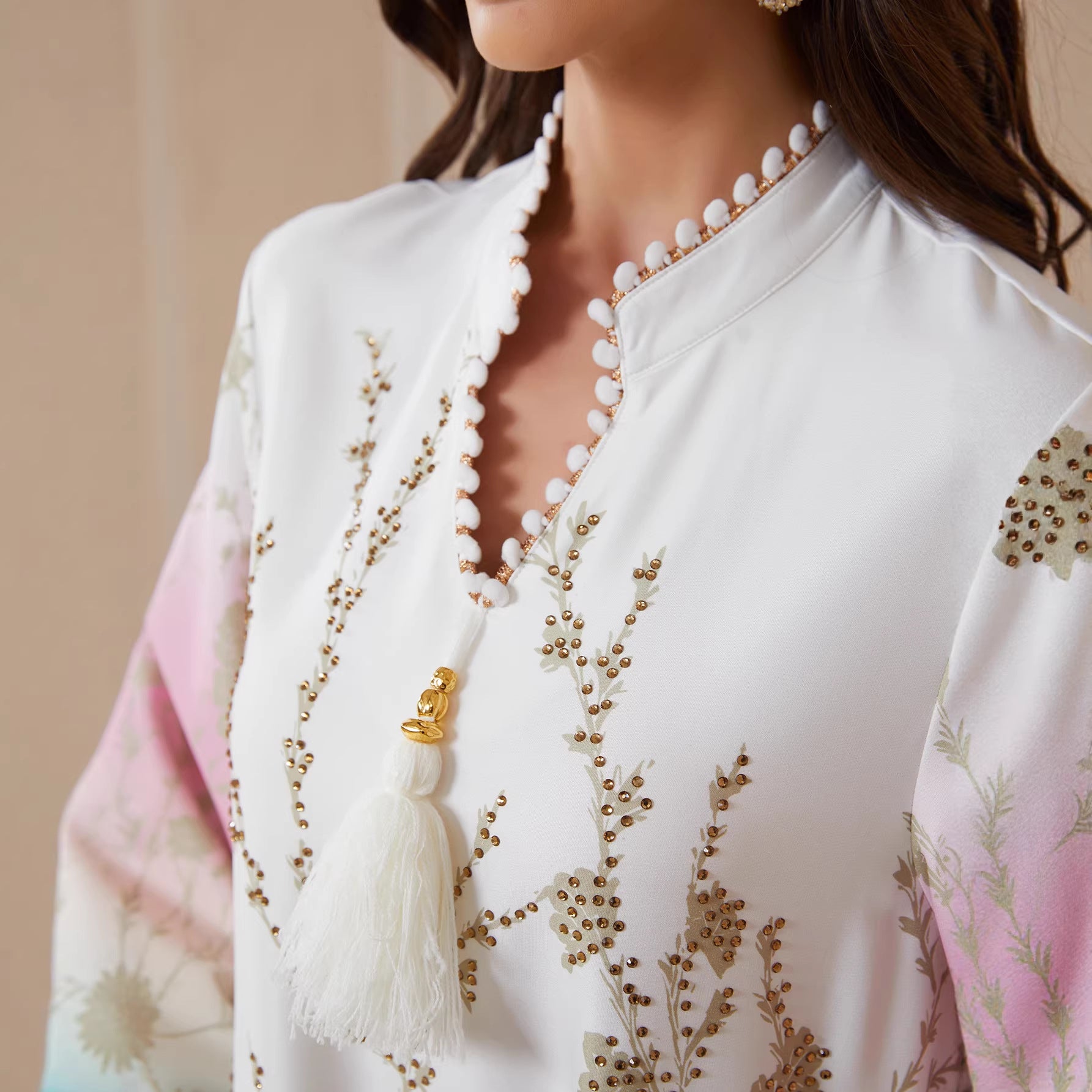 White Pink Blue Ombre Gradient Mandarin Stand Collar Pan-Arab Craft Modest Tunic Matte Satin Golden Rhinestone Branch Floral Print Pearl Neck Tassel Closure Wide Bell Floor Maxi Robe | Pan-Arab Malay Ladies Luxury Soft Modest Outfit For Wedding Cerem