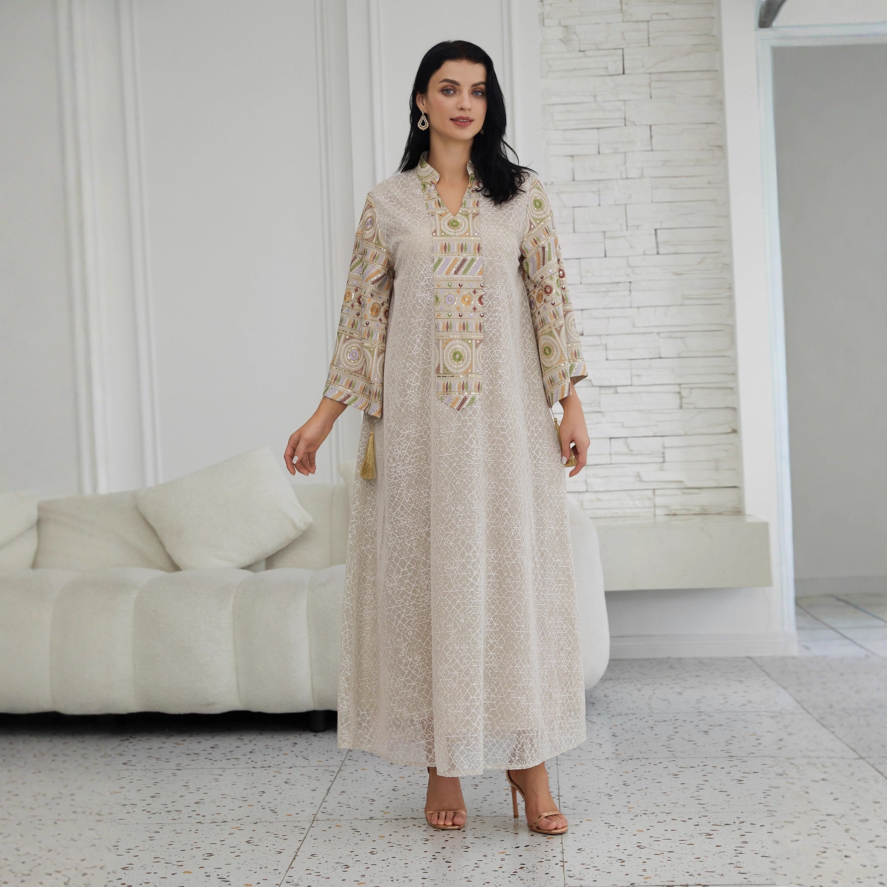 Gulf Islamic Modest Long Robe Off White All Over Mesh Geometric Texture Mandarin Collar Multicolor Geometric Sequin Embroidery Cuff Tassel Oversize Flare Sleeve Dubai Abaya For Ladies Formal Evening Occasion