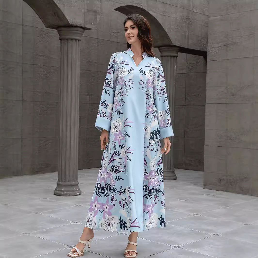 Light Blue Floral Print Modest Jalabiya Abaya Dress - Plus Size Maxi