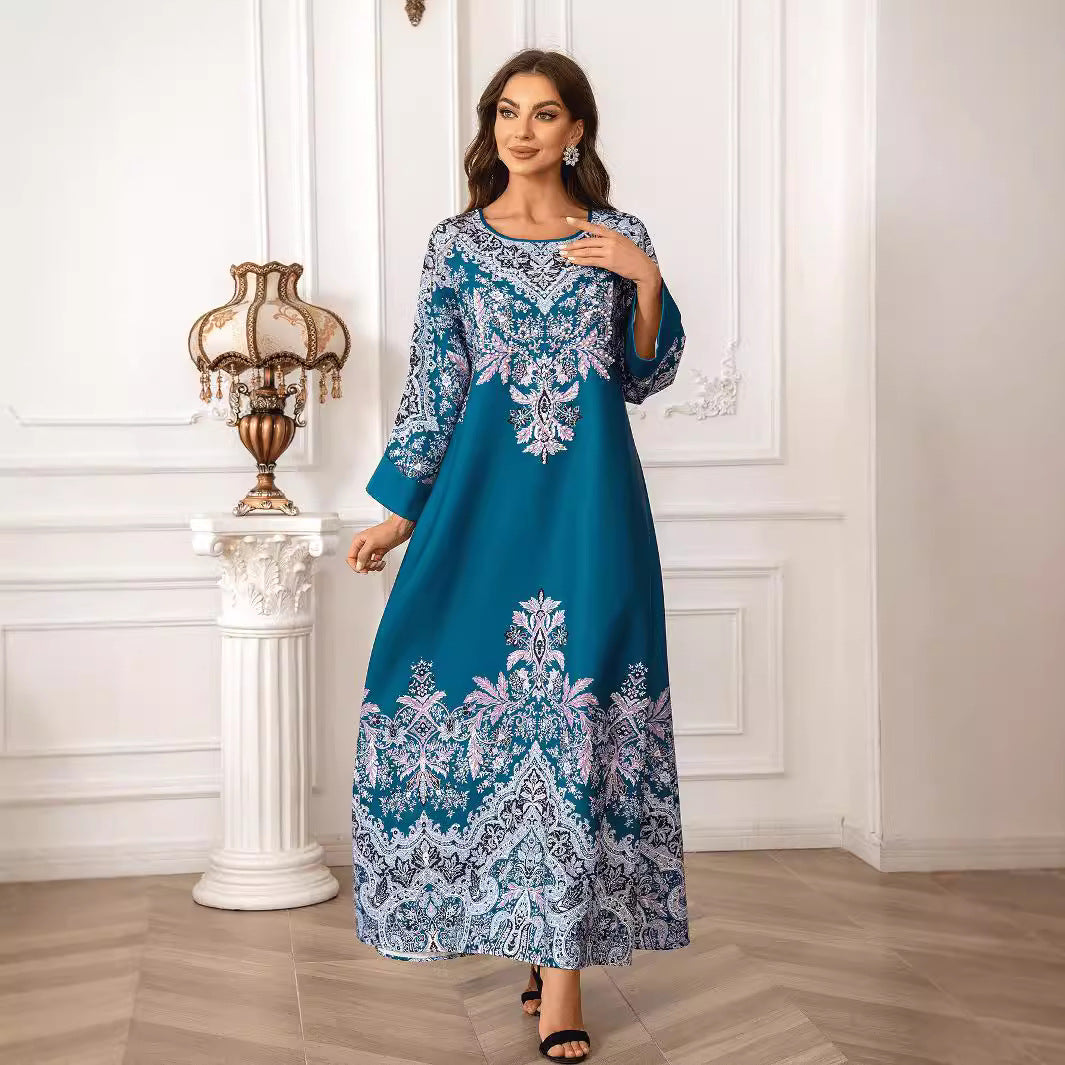 Peacock Blue Rhinestone Pleated Abaya - Elegant Modest Muslim Dress