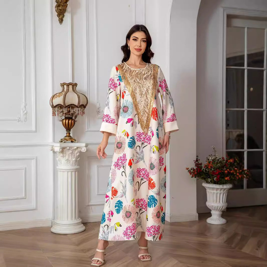 Ivory Floral Print V-Neck Maxi Abaya - Modest Long Dress for Women