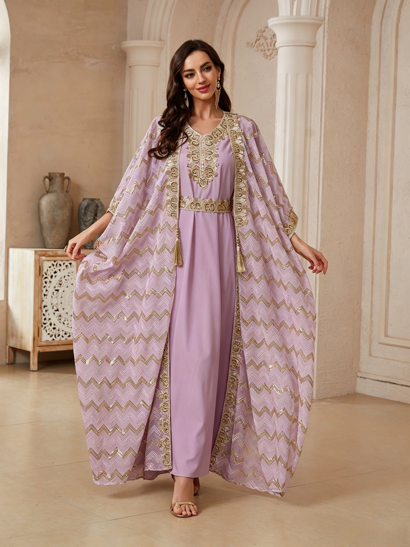 Cream & Lavender Two Piece Abaya Set Handcrafted Gold Embroidery Moroccan Evening Kaftan
