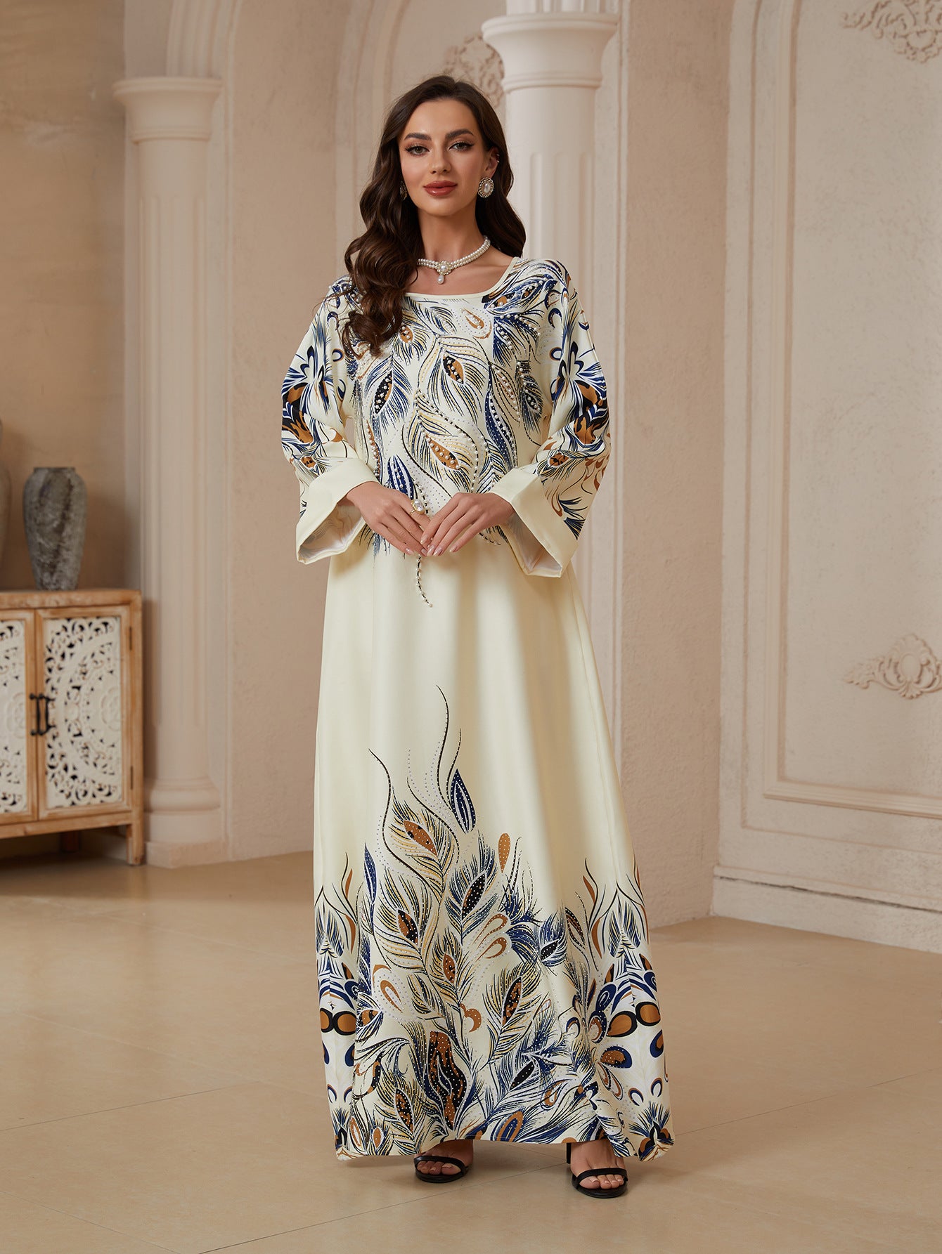 Women Round Neck Gradient Peacock Feather Print Abaya Cuff Long Sleeve Maxi Jalabiya Cream Matte Crepe Ethnic Modest Gown For Eid Mubarak Ramadan Wedding Evening Party