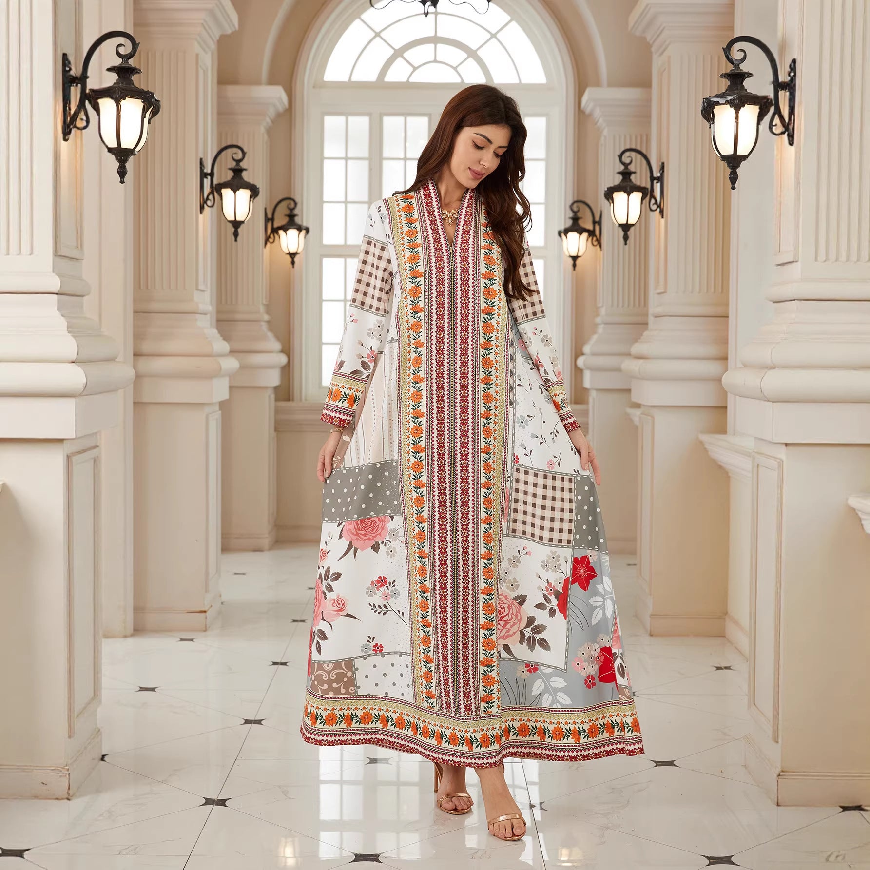 Elegant Floral V-Neck Abaya – Rhinestone Modest Maxi Dress