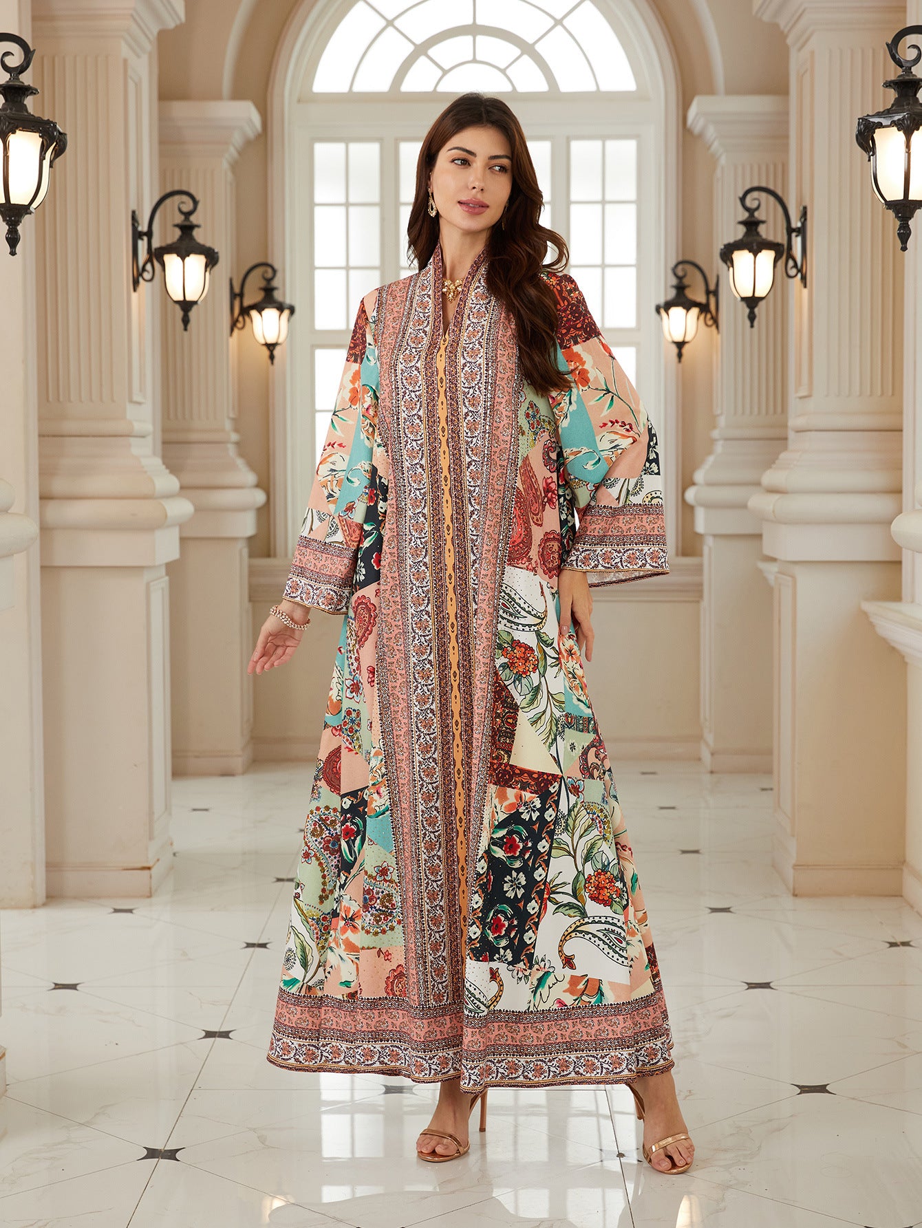 Boho Floral Jalabiya – Loose V-Neck Modest Maxi Dress