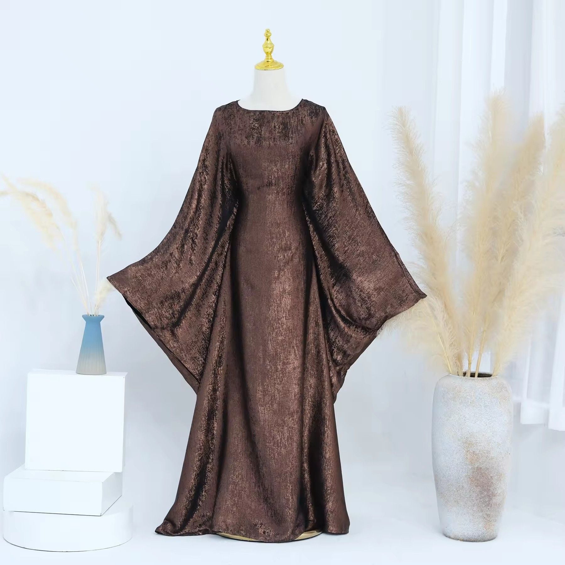 Coffee and Pink Gold Foil Batwing Sleeve Round Neck Maxi Abaya Dress - Free Size