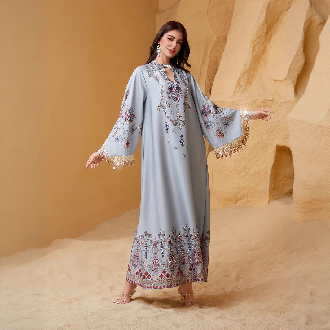 Refined Silver Grey V-Neck Tassel Evening Gown Maxi Abaya Ramadan