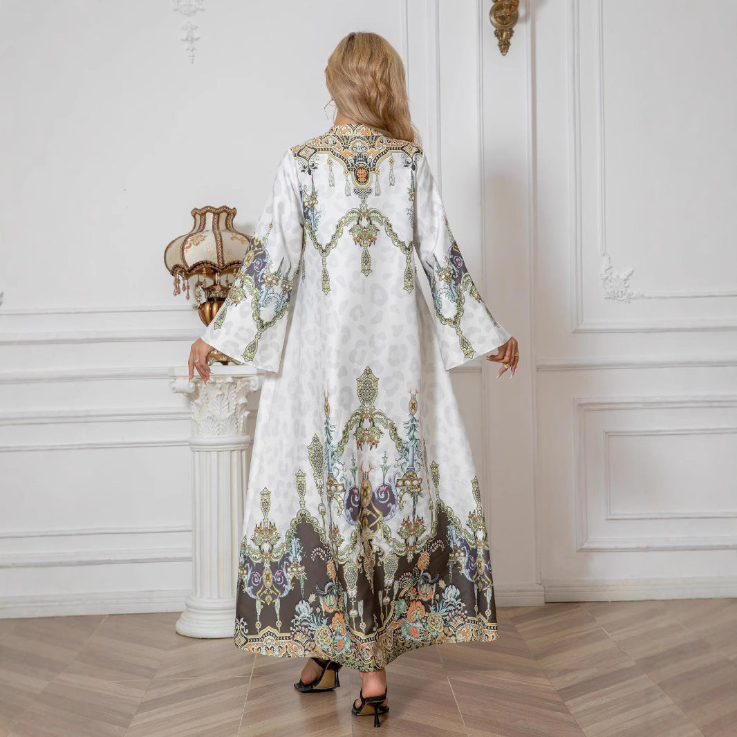 White Printed Beaded Maxi Dress - Modest Muslim Gown for Women