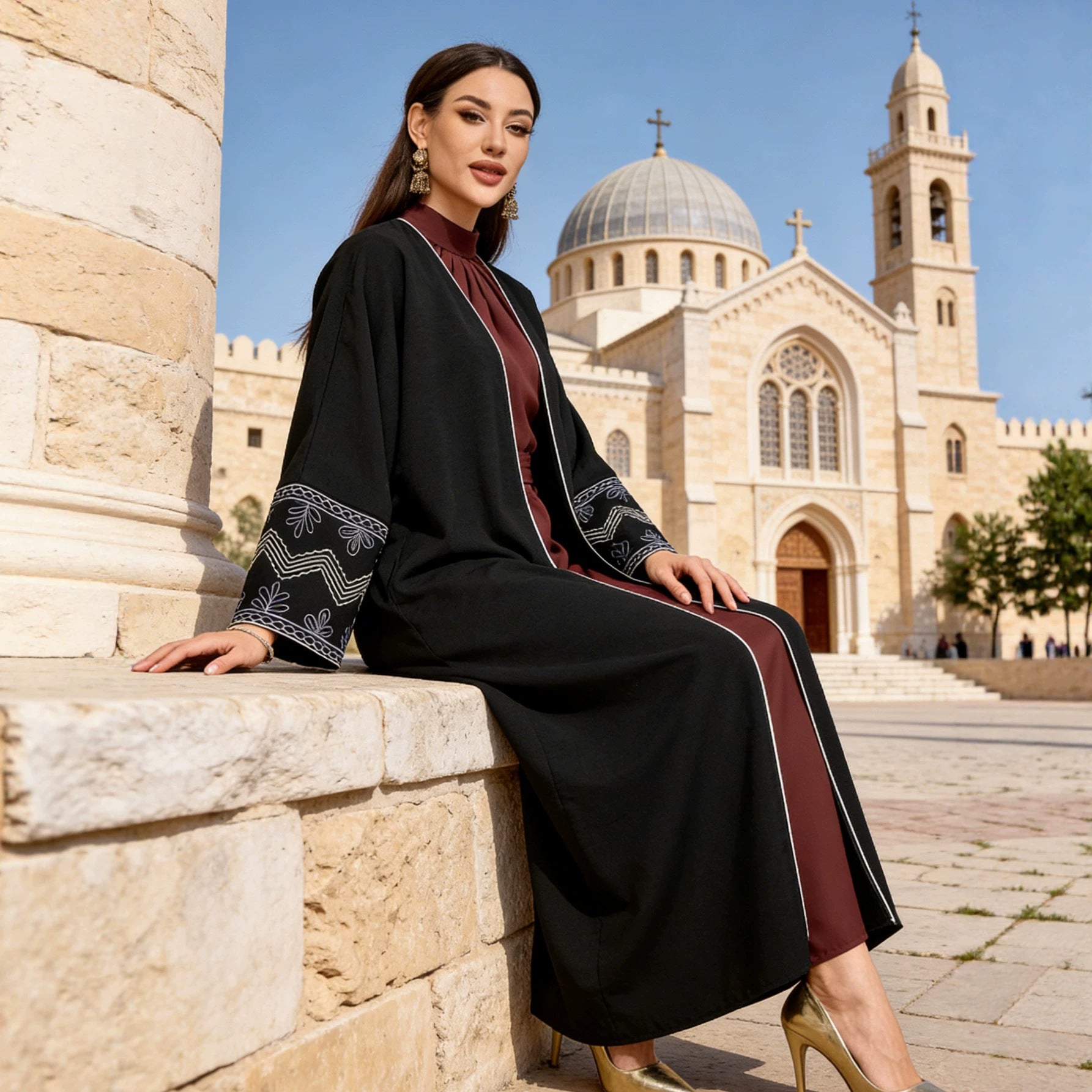 Black Embroidered Open Cardigan Modest Maxi Abaya - Free Size