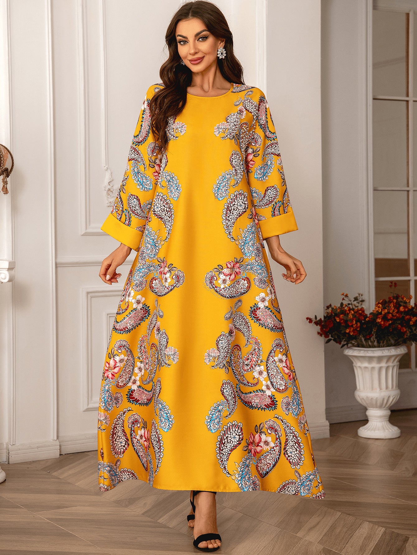 Yellow Floral Print Long Abaya - Plus Size Beaded African Robe