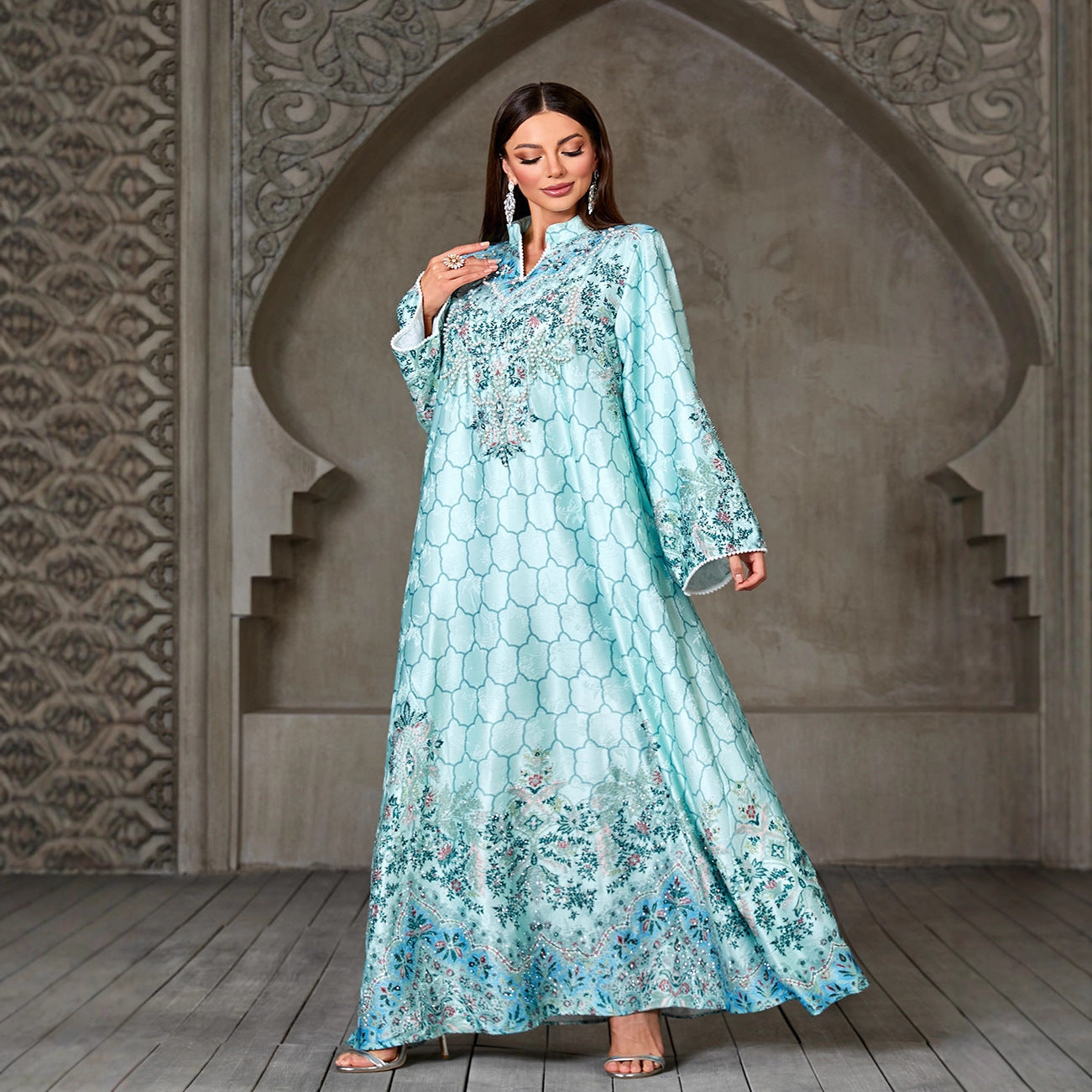 Jacquard Beaded Rhinestone Engineered Print Gown Jalabiya Modest Long Maxi Dress for Muslim Women Eid Ramadan S-XXL