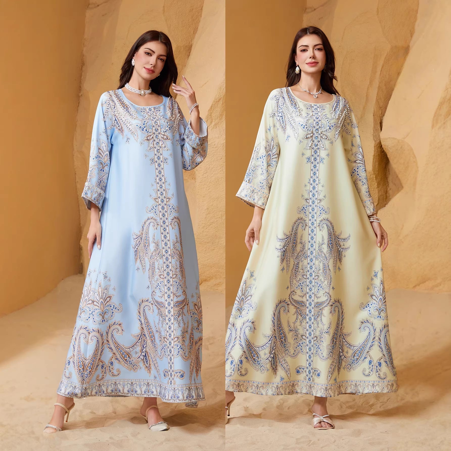 Stylish Light Blue Yellow Beaded Kaftan Abaya Maxi Dress Eid Ramadan