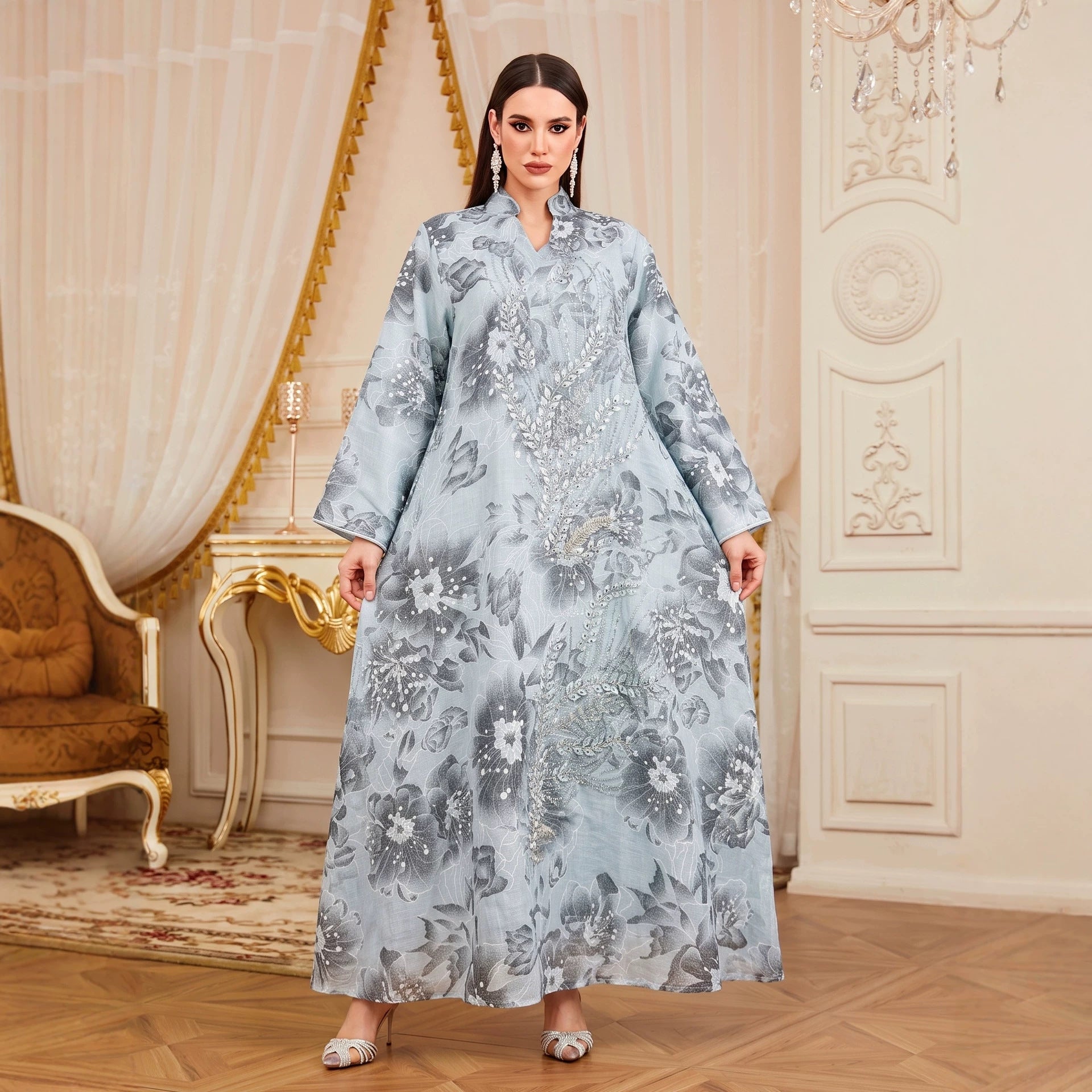 Beaded Sequin Applique Ethnic Pattern Gown Jalabiya Modest Loose Long Maxi Dress for Muslim Women Eid Ramadan M-XXL