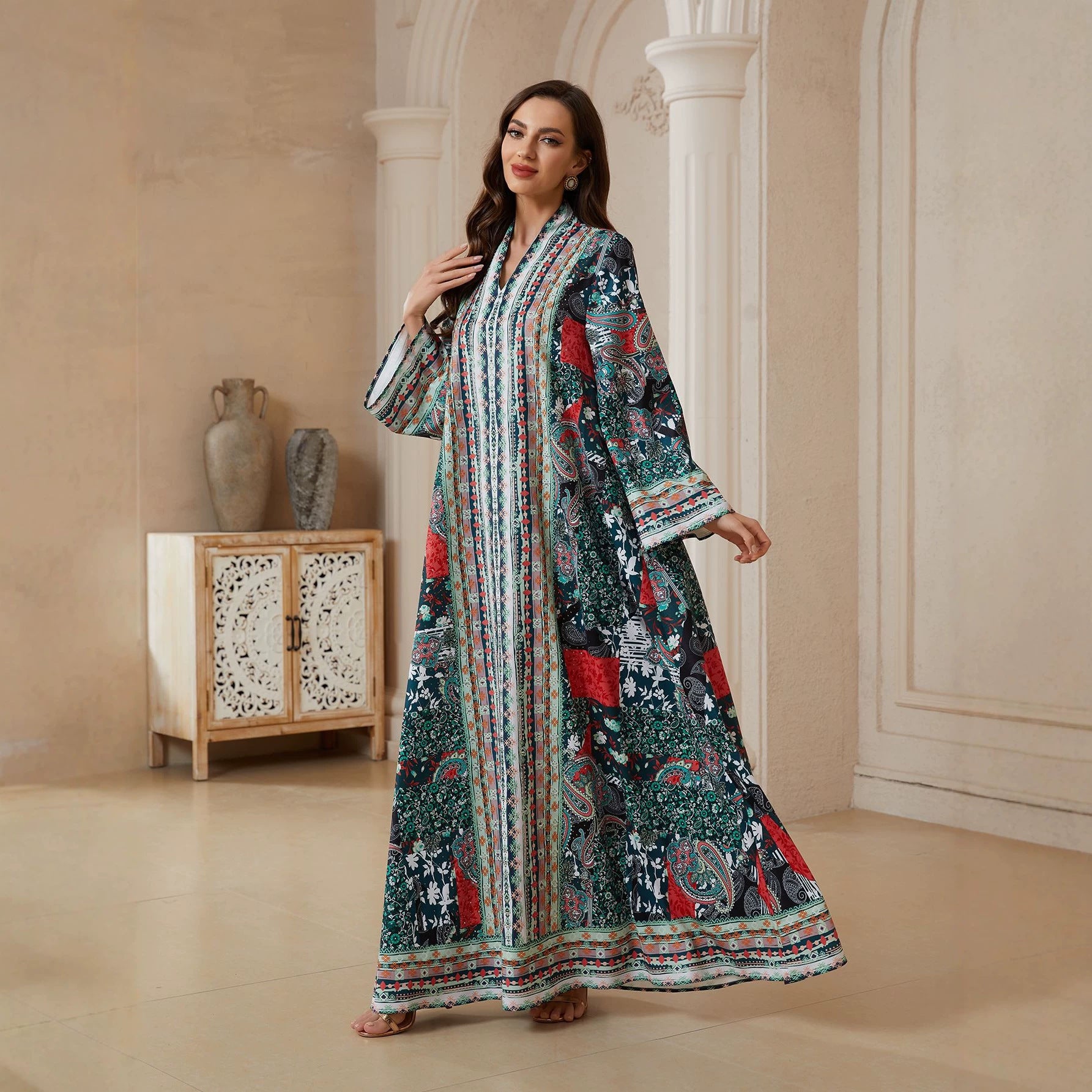 Floral Print Prayer Abaya Robe - Modest Muslim Dress for Women