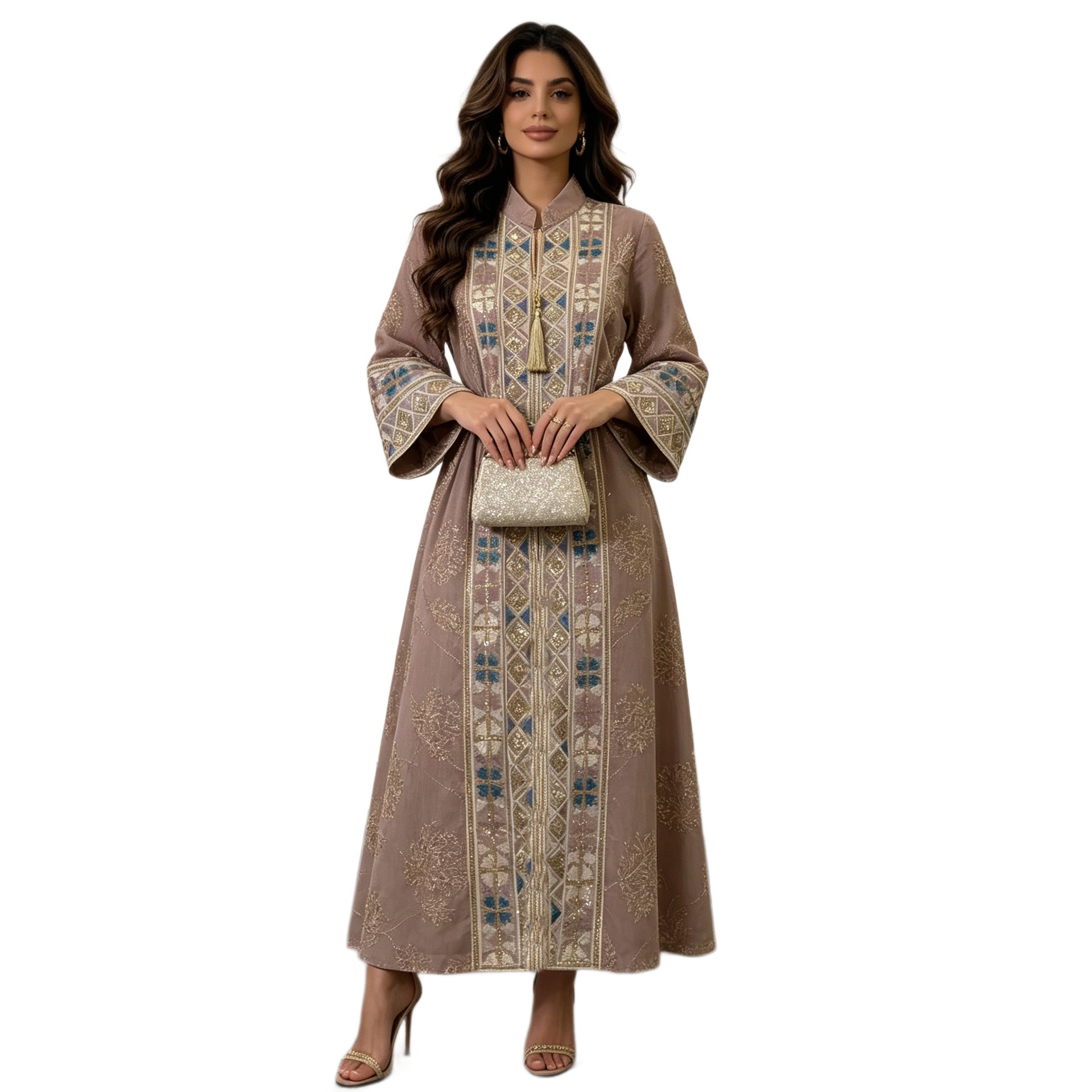 Black Cyan Ivory Peach V-Neck Heavy Embroidered Maxi Abaya Dress