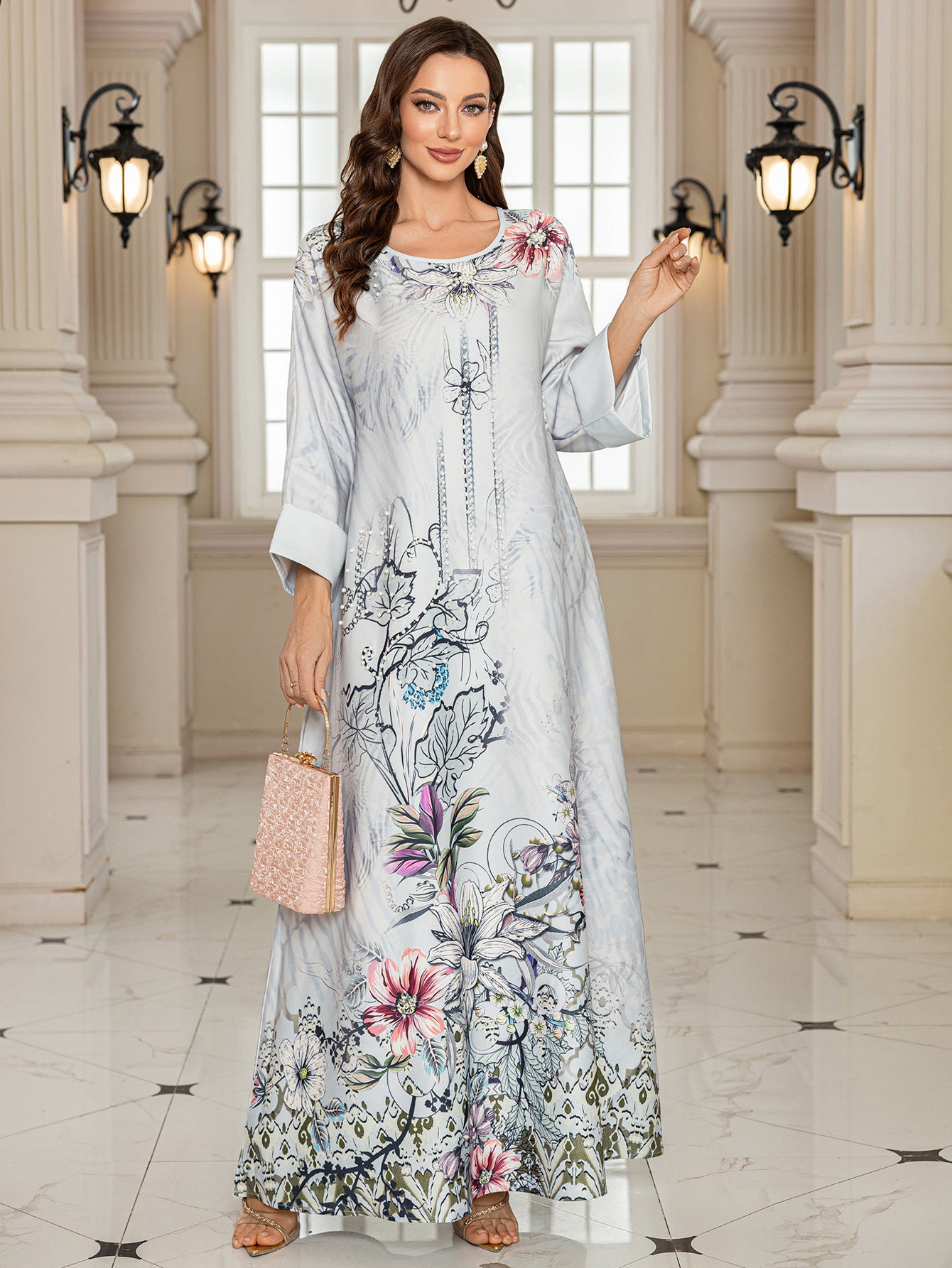 Grey Rhinestone Beaded Inlaid Diamond Maxi Abaya Long Dress