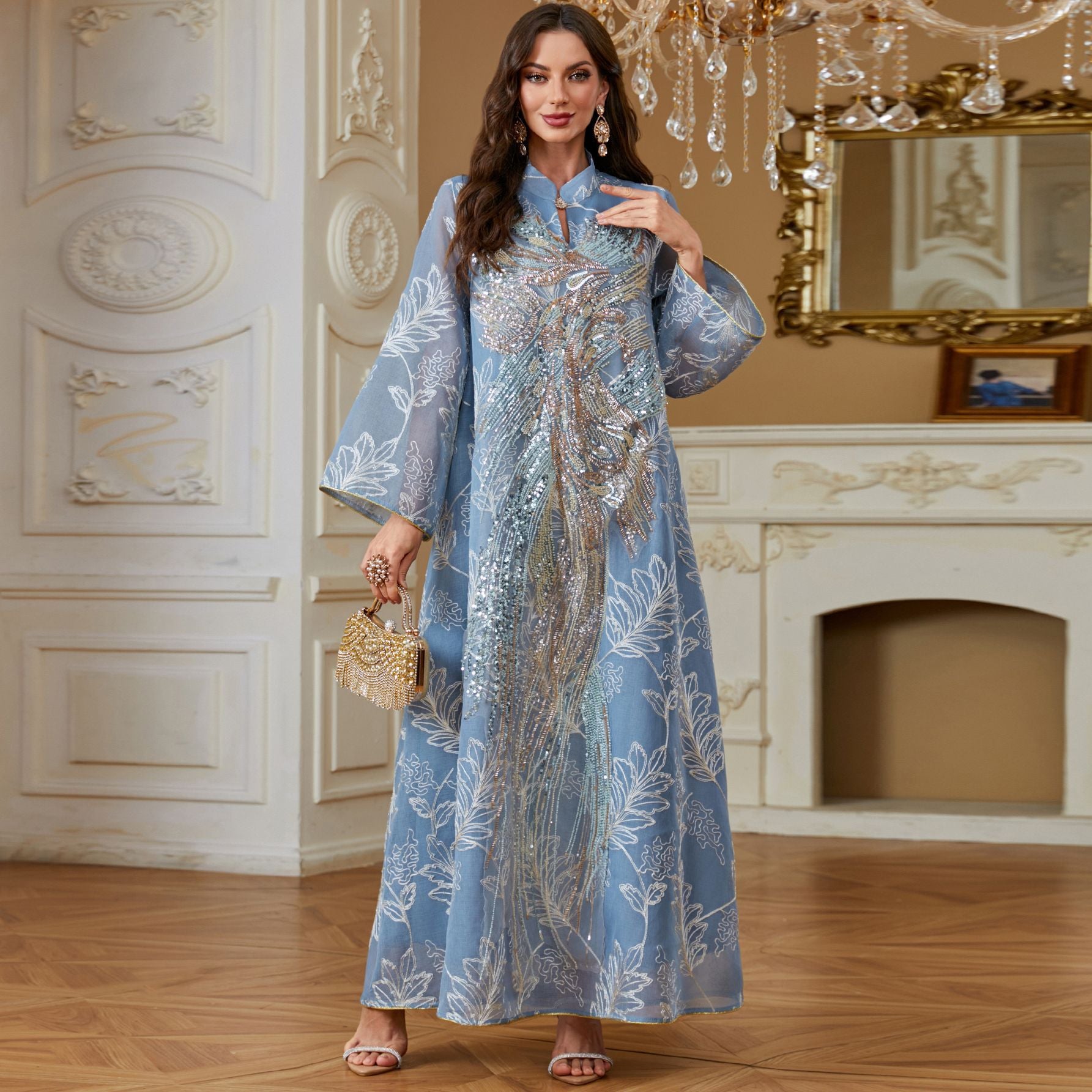 Elegant Oversized Wide Flare Sleeve Muslim Long Robe For Ladies Handcrafted Phoenix Sequins Embroidery Light See-through Leaf Print Abaya Four Shades Formal Ceremony Gown