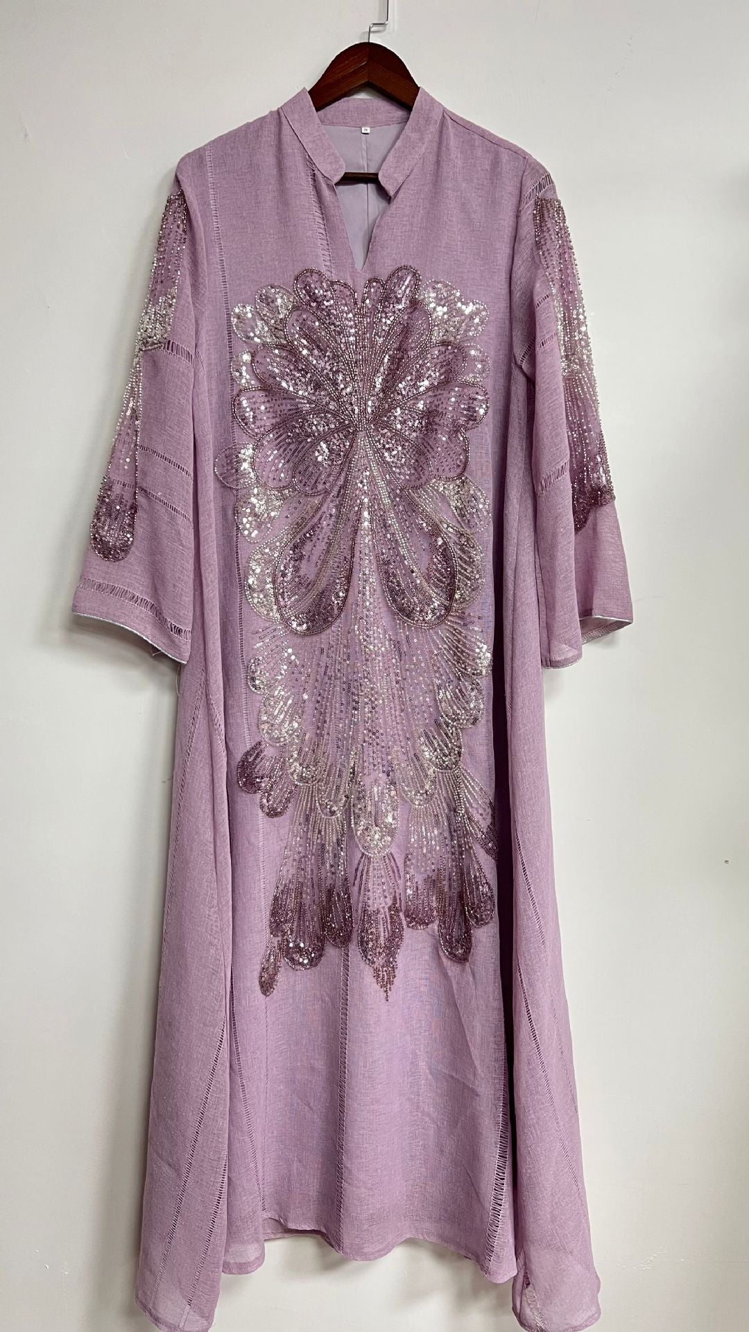 Peacock Feather Sequin Beaded Linen Abaya For Women Stand Split Collar Long Sleeve Dubai Luxury Muslim Kaftan Modest Maxi Dress For Eid Ramadan Wedding Party 3 Colors