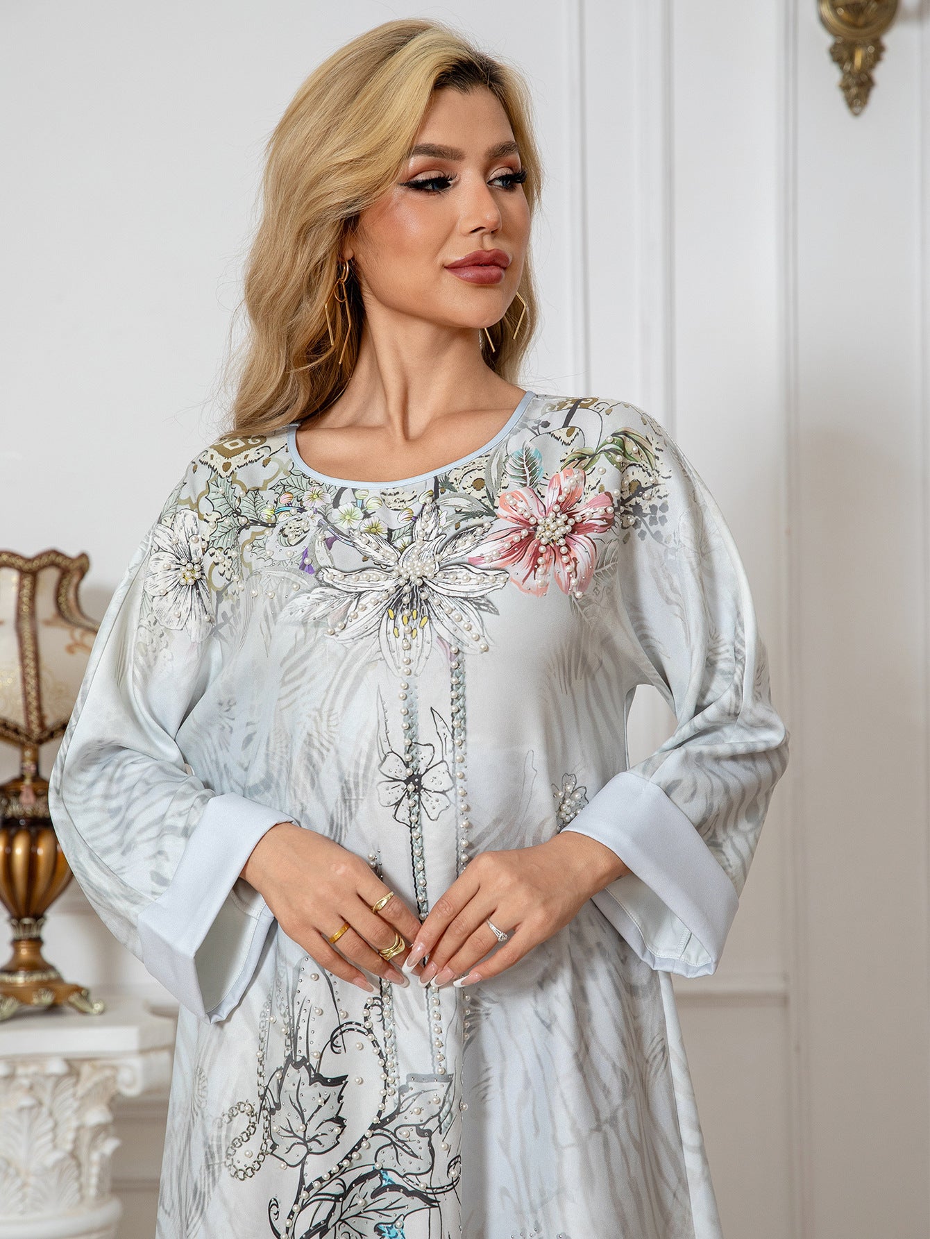 Light Grey Printed Beaded Abaya - Rhinestone Modest Maxi Dress