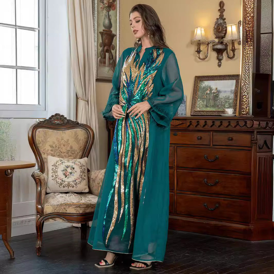 Dark Green Heavy Peacock Feather Sequin Embroidery Abaya Tulle Fringe Sleeve Dubai Modest Muslim Evening Maxi Gown