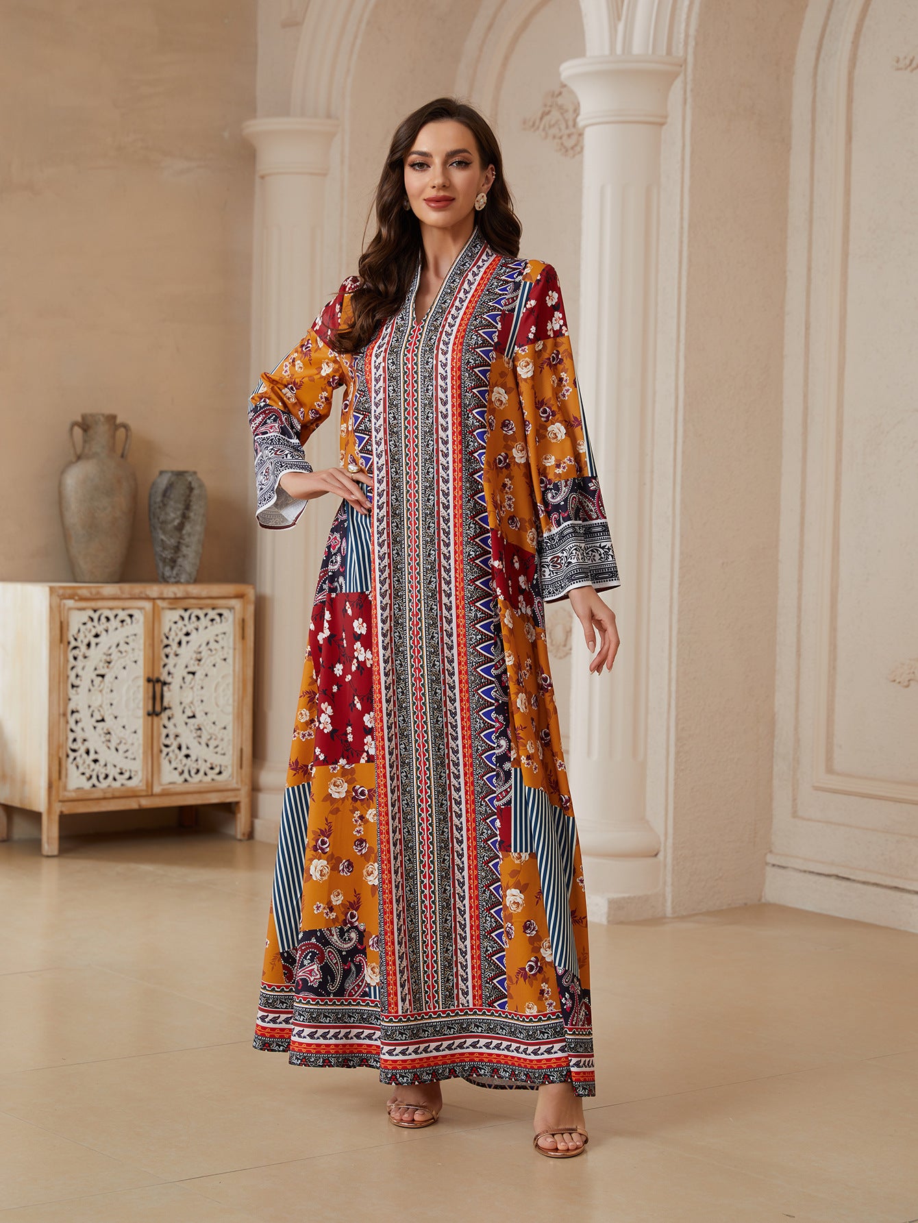 Floral Long Sleeve Ethnic Abaya - Modest Muslim Dress Ramadan Eid