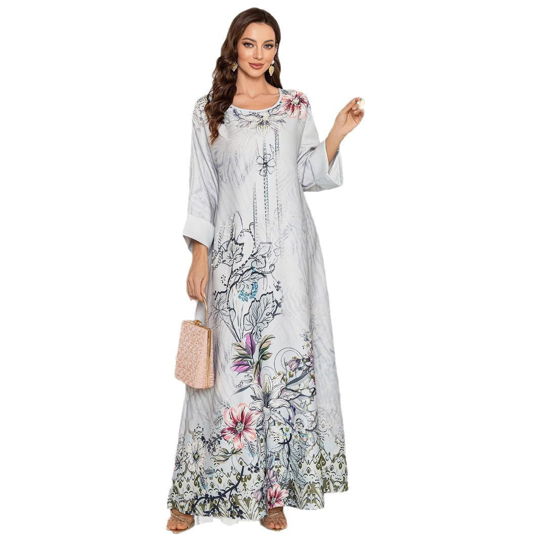 Grey Rhinestone Beaded Inlaid Diamond Maxi Abaya Long Dress