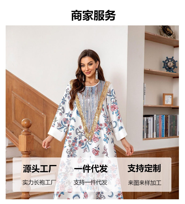 White Floral Print Elegant Abaya - Loose Fitting Modest Long Robe